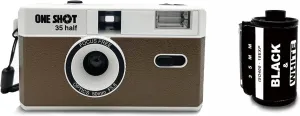 1 Shot Point and Shoot 35mm Film Camera, Reusable Retro Half Frame Camera, Built in Flash, Included One Roll ASA/ISO 400 Black & White Film 18 Exp., (36 Shots) Battery Not Included (Brown Color)