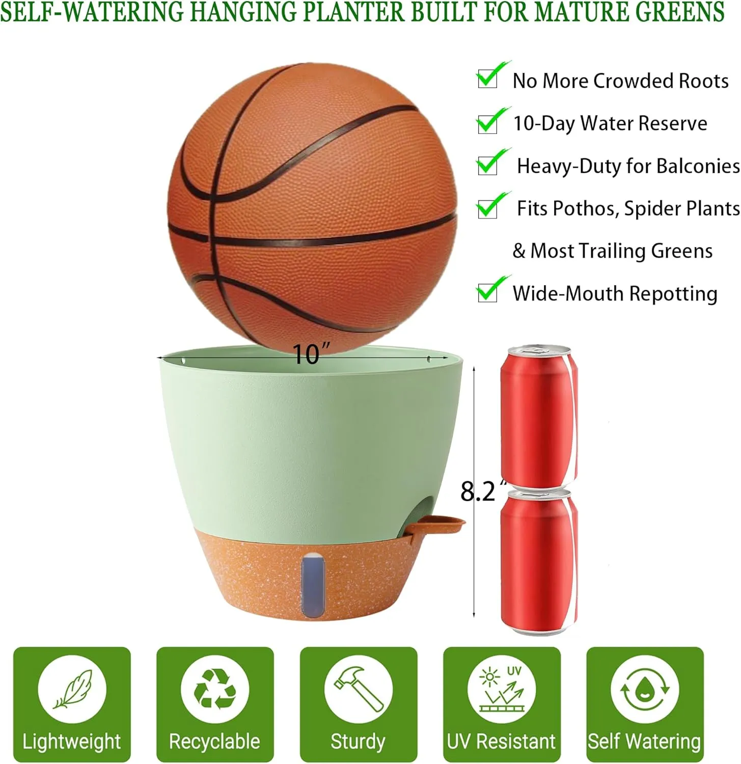 10 Inch Hanging Planters for Indoor Plants, 2 Pack Self Watering Hanging Baskets Flower Pots with Drainage Hole, Visual Reservoir & 2 Kinds of Plant Hanger for Outdoor Garden Home Decor