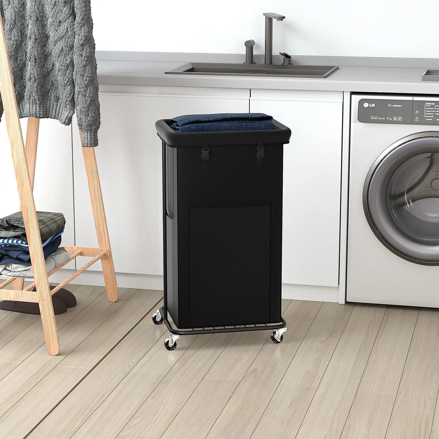 100L Large Laundry Hampers, Oxford Fabric Laundry Hampers, Metal Frame and Removable Bag Design with Wheels, Suitable for Bedroom, Bathroom, Dorm Room, Laundry Room (100L Black)