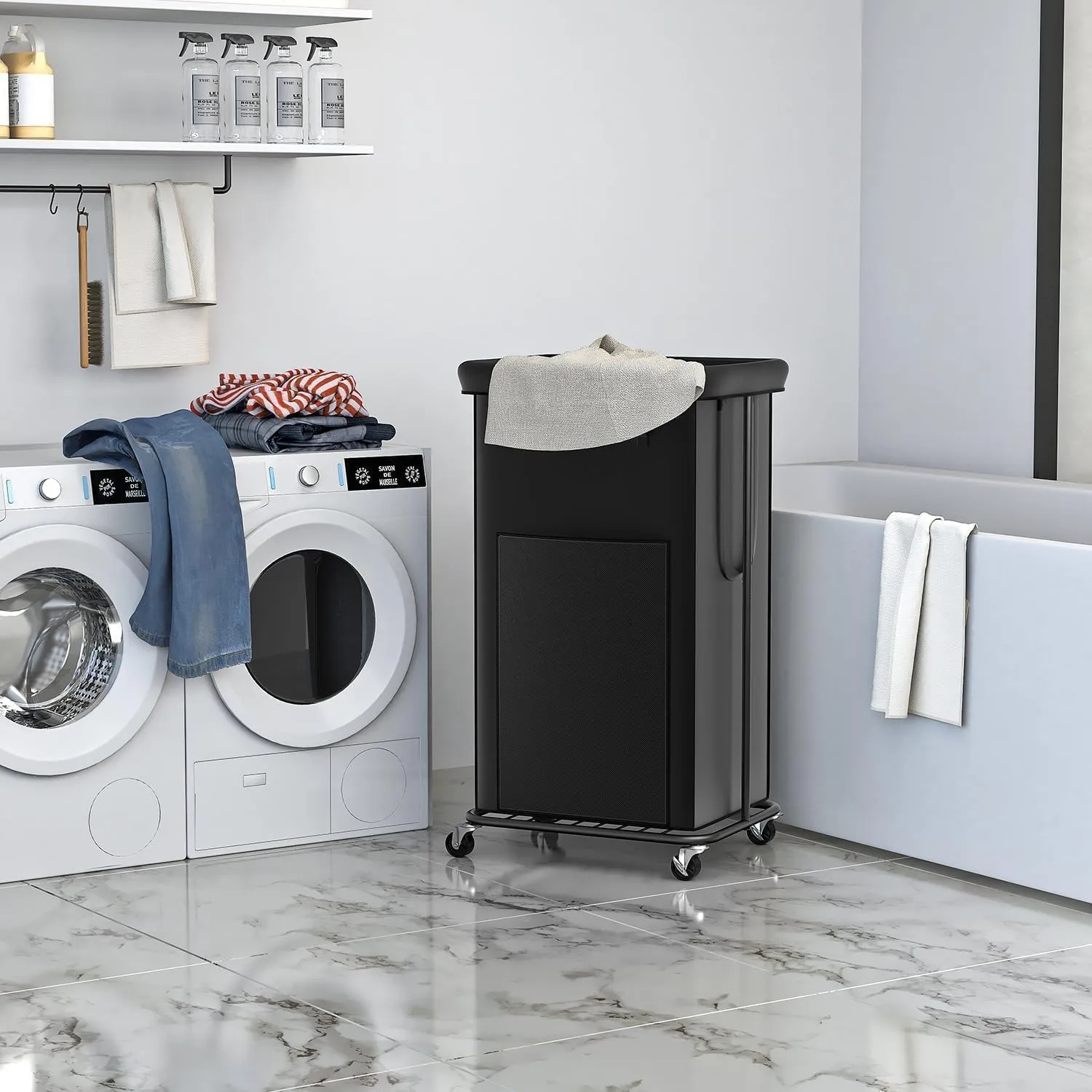 100L Large Laundry Hampers, Oxford Fabric Laundry Hampers, Metal Frame and Removable Bag Design with Wheels, Suitable for Bedroom, Bathroom, Dorm Room, Laundry Room (100L Black)
