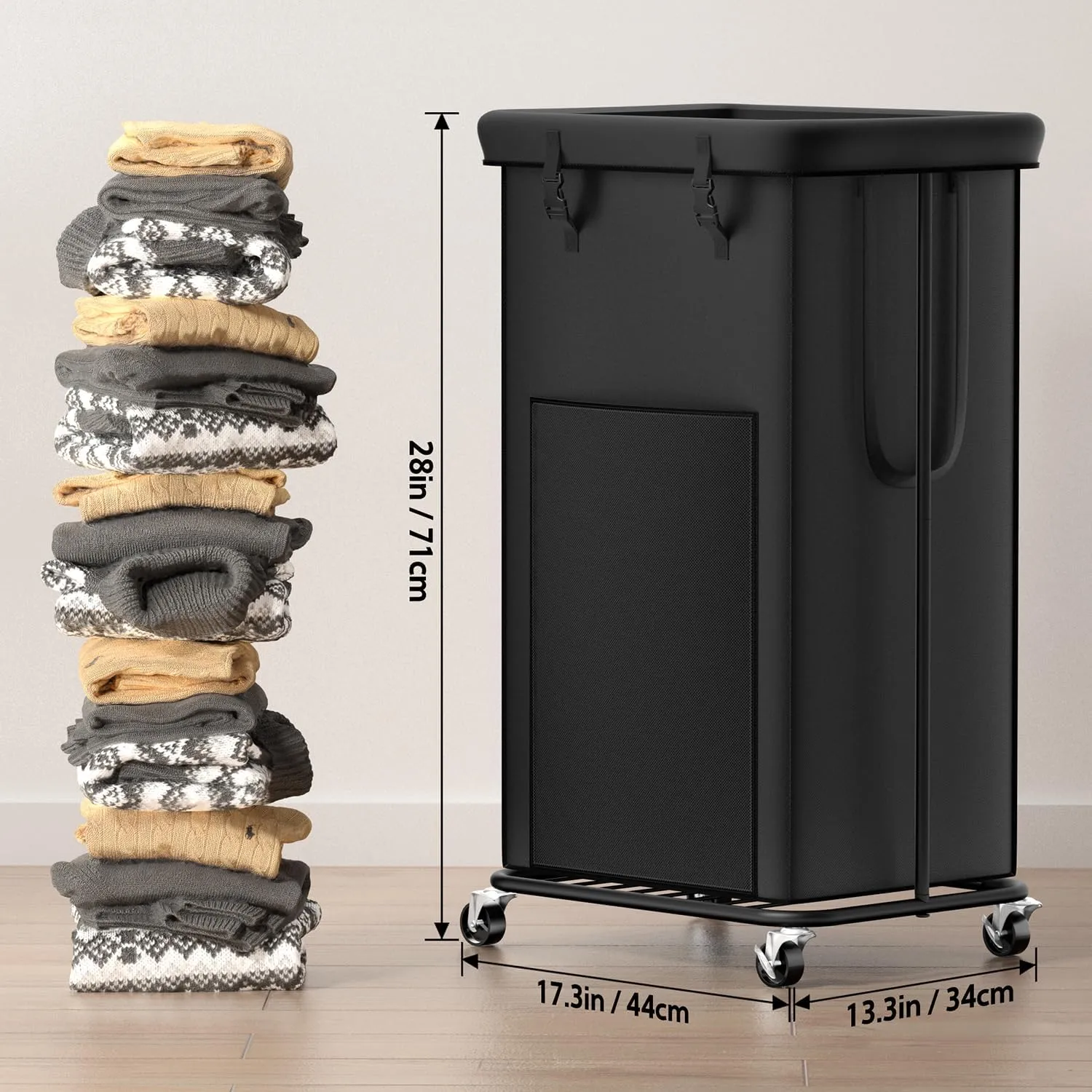 100L Large Laundry Hampers, Oxford Fabric Laundry Hampers, Metal Frame and Removable Bag Design with Wheels, Suitable for Bedroom, Bathroom, Dorm Room, Laundry Room (100L Black)