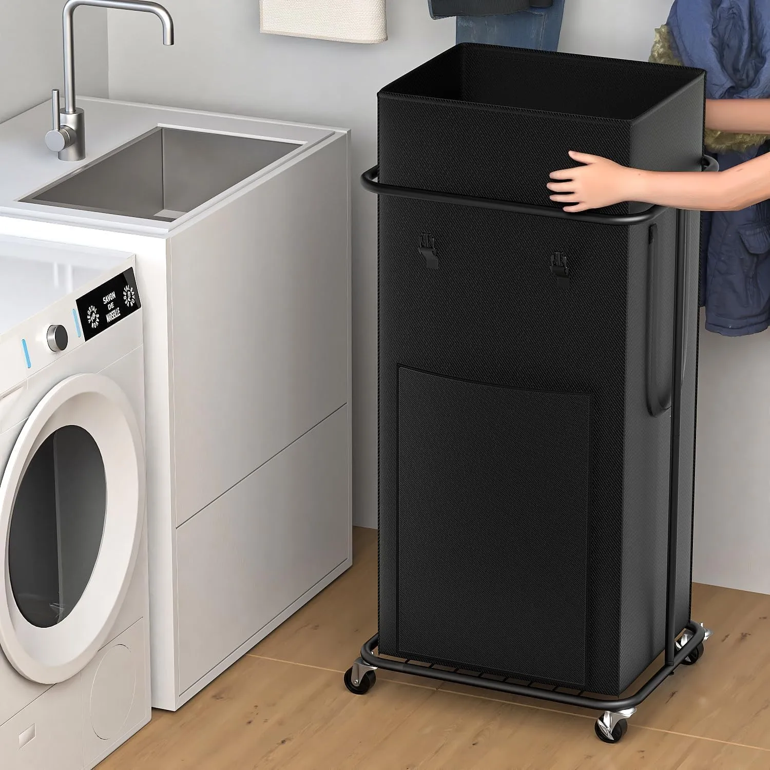 100L Large Laundry Hampers, Oxford Fabric Laundry Hampers, Metal Frame and Removable Bag Design with Wheels, Suitable for Bedroom, Bathroom, Dorm Room, Laundry Room (100L Black)