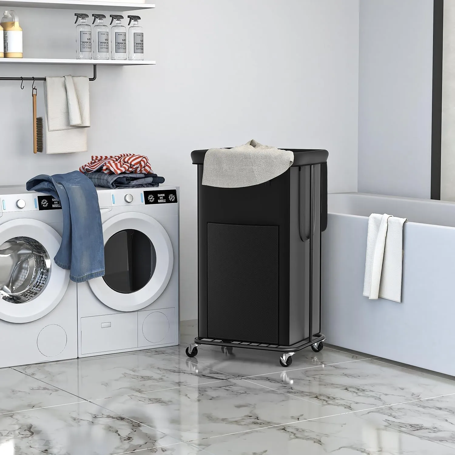 100L Large Laundry Hampers with Lid, Oxford Fabric Laundry Hampers Clothes Hampers, Metal Frame and Removable Bag Design with Wheels, Suitable for Bedroom, Bathroom (100L Black&Lid, 100L)
