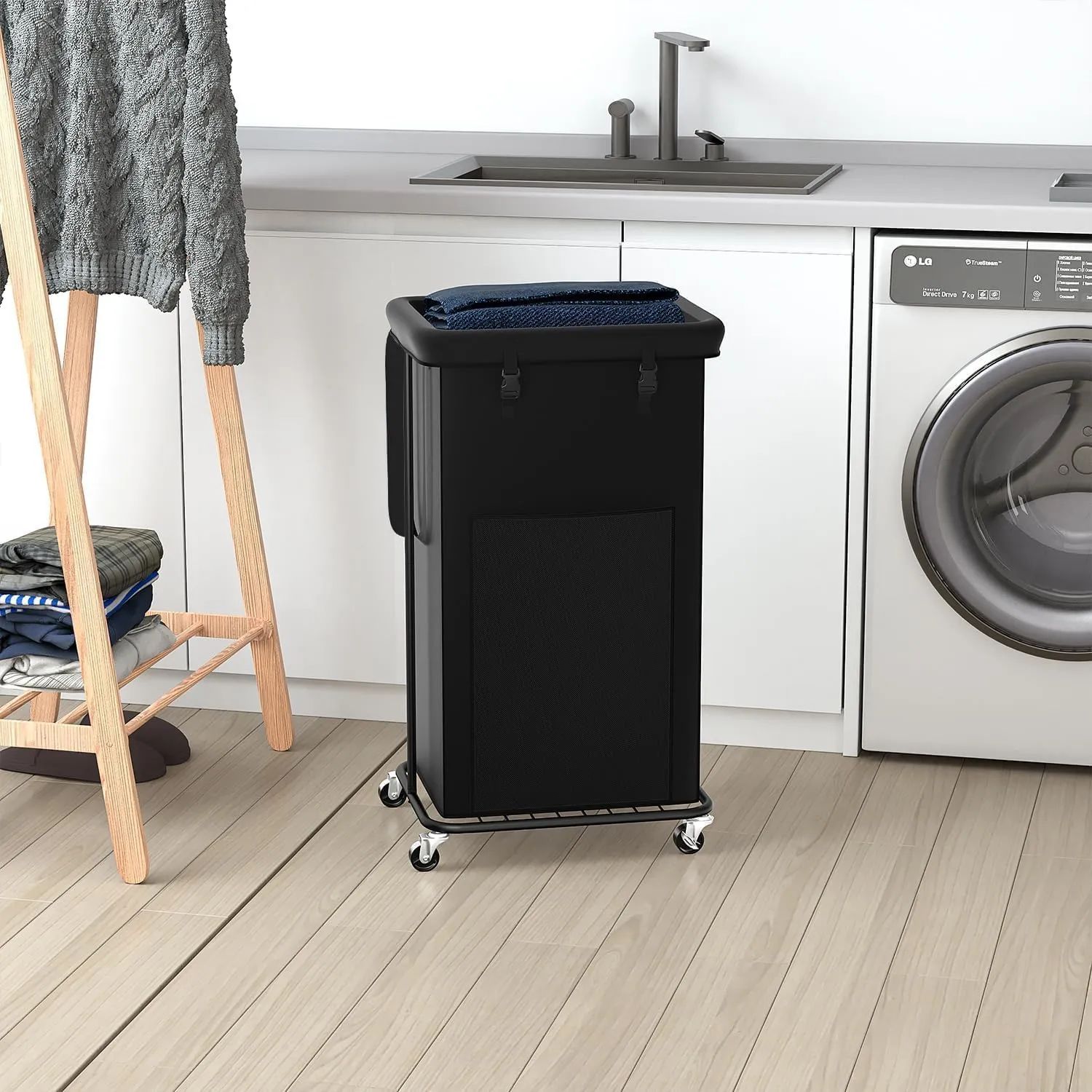 100L Large Laundry Hampers with Lid, Oxford Fabric Laundry Hampers Clothes Hampers, Metal Frame and Removable Bag Design with Wheels, Suitable for Bedroom, Bathroom (100L Black&Lid, 100L)