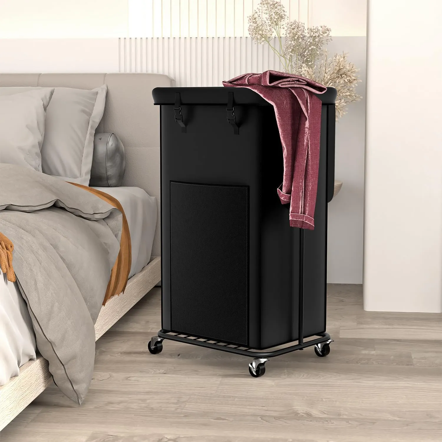 100L Large Laundry Hampers with Lid, Oxford Fabric Laundry Hampers Clothes Hampers, Metal Frame and Removable Bag Design with Wheels, Suitable for Bedroom, Bathroom (100L Black&Lid, 100L)