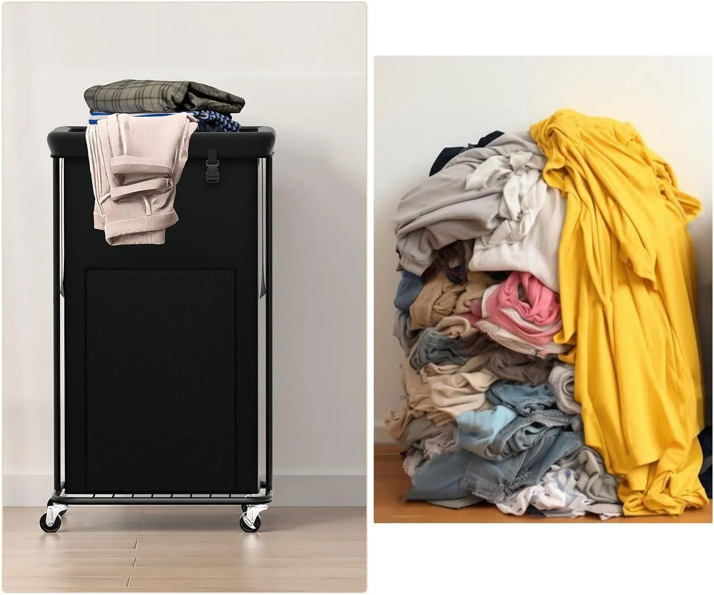 100L Large Laundry Hampers with Lid, Oxford Fabric Laundry Hampers Clothes Hampers, Metal Frame and Removable Bag Design with Wheels, Suitable for Bedroom, Bathroom (100L Black&Lid, 100L)