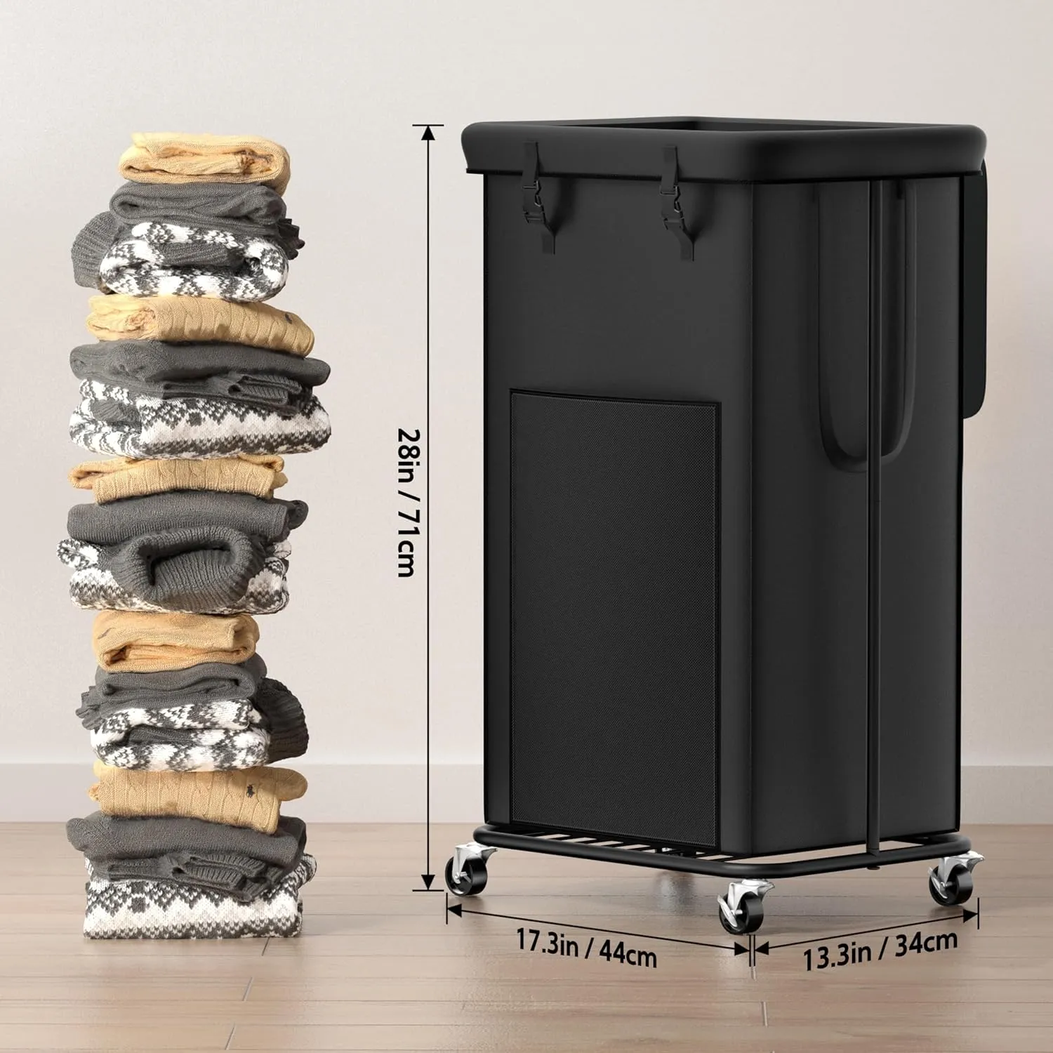 100L Large Laundry Hampers with Lid, Oxford Fabric Laundry Hampers Clothes Hampers, Metal Frame and Removable Bag Design with Wheels, Suitable for Bedroom, Bathroom (100L Black&Lid, 100L)