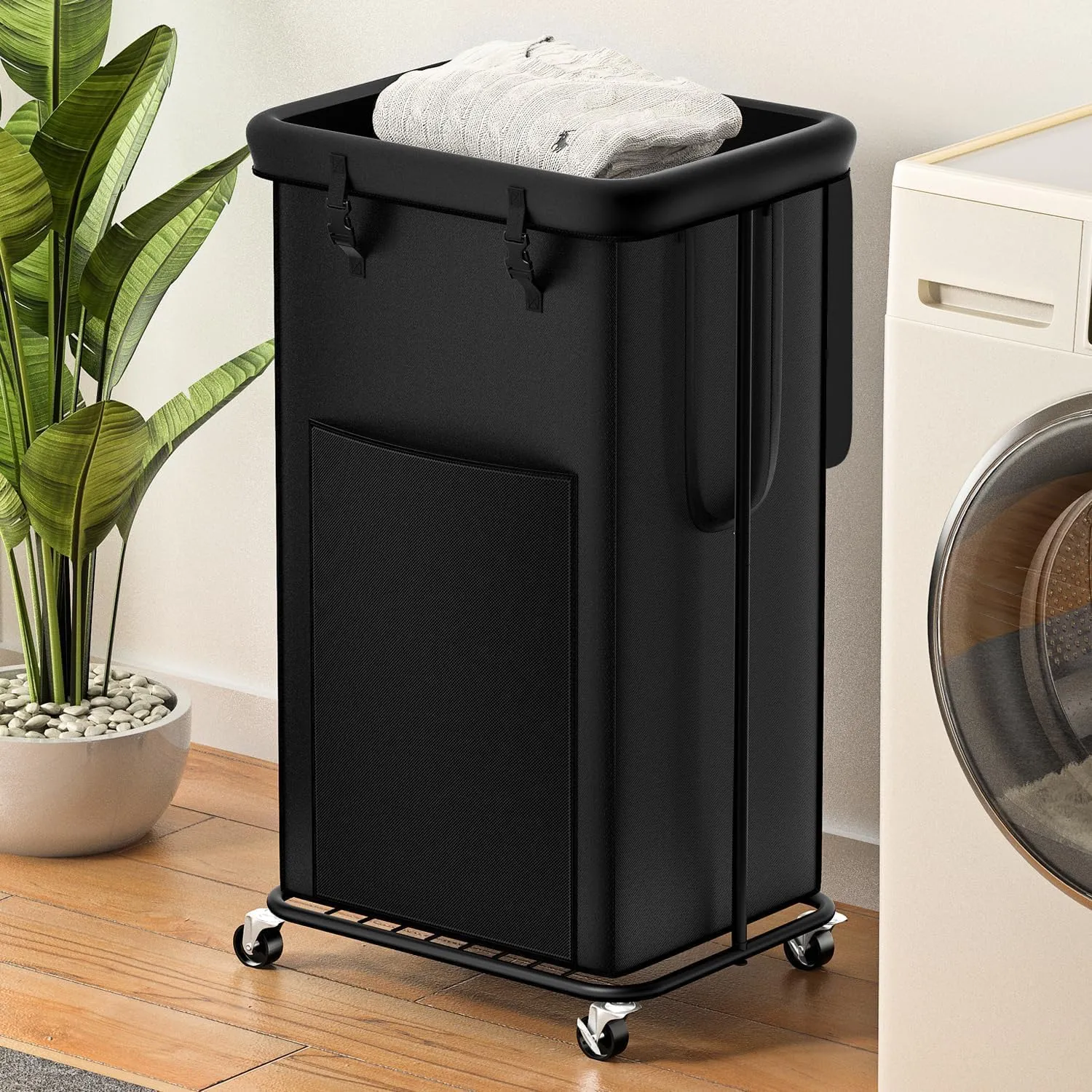 100L Large Laundry Hampers with Lid, Oxford Fabric Laundry Hampers Clothes Hampers, Metal Frame and Removable Bag Design with Wheels, Suitable for Bedroom, Bathroom (100L Black&Lid, 100L)