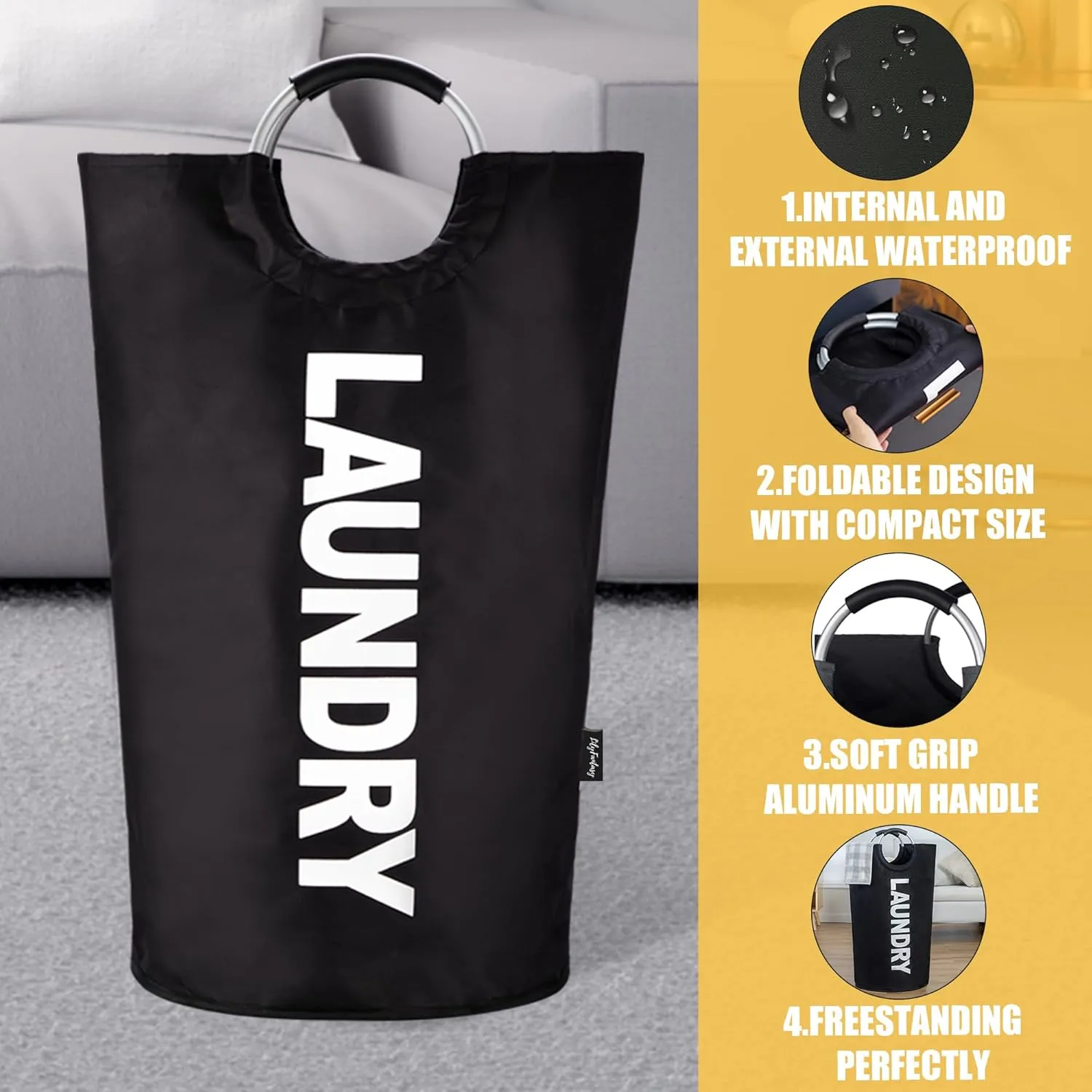 100L Laundry Basket, Collapsible Laundry Hamper with Padded Handles, Waterproof Laundry Bag, Tall Clothes Hamper Stand Up Well, Foldable Laundry Baskets for Easy Storage(Printed Black)