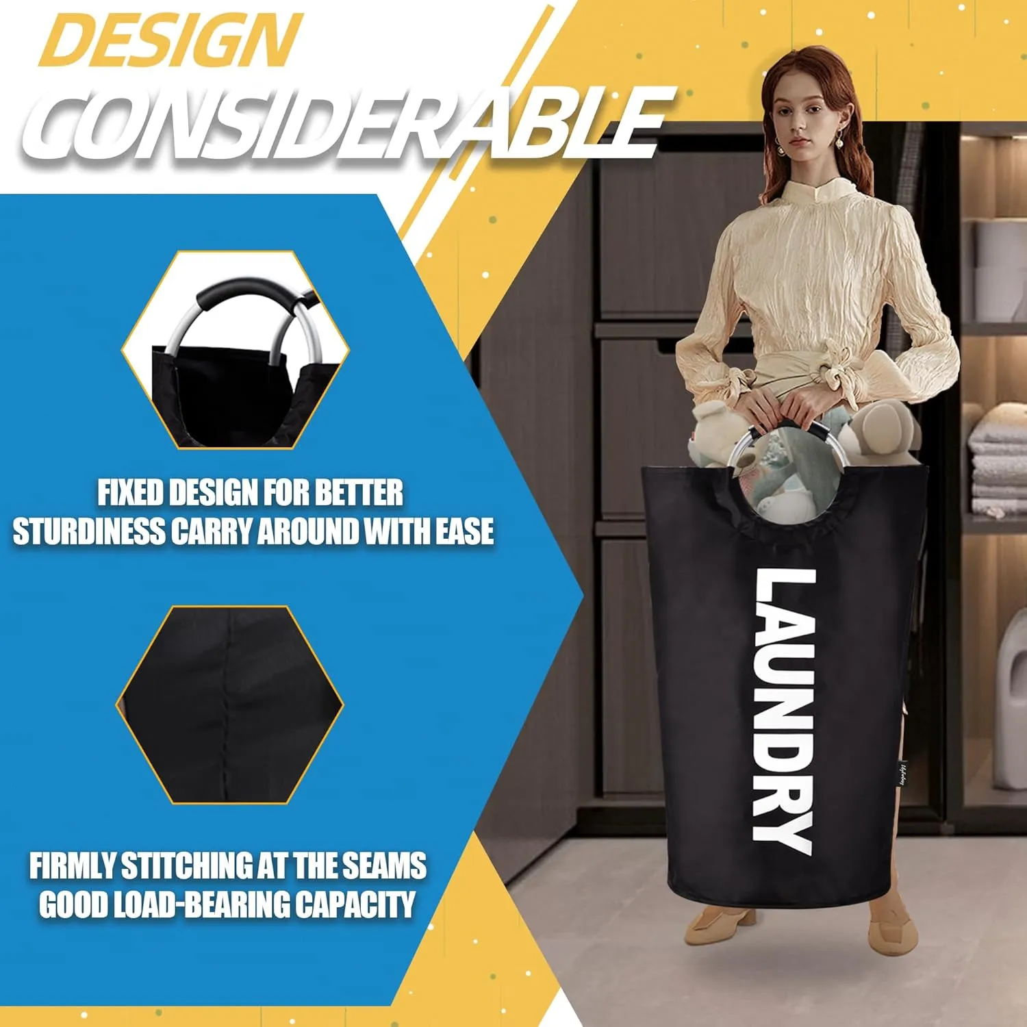 100L Laundry Basket, Collapsible Laundry Hamper with Padded Handles, Waterproof Laundry Bag, Tall Clothes Hamper Stand Up Well, Foldable Laundry Baskets for Easy Storage(Printed Black)