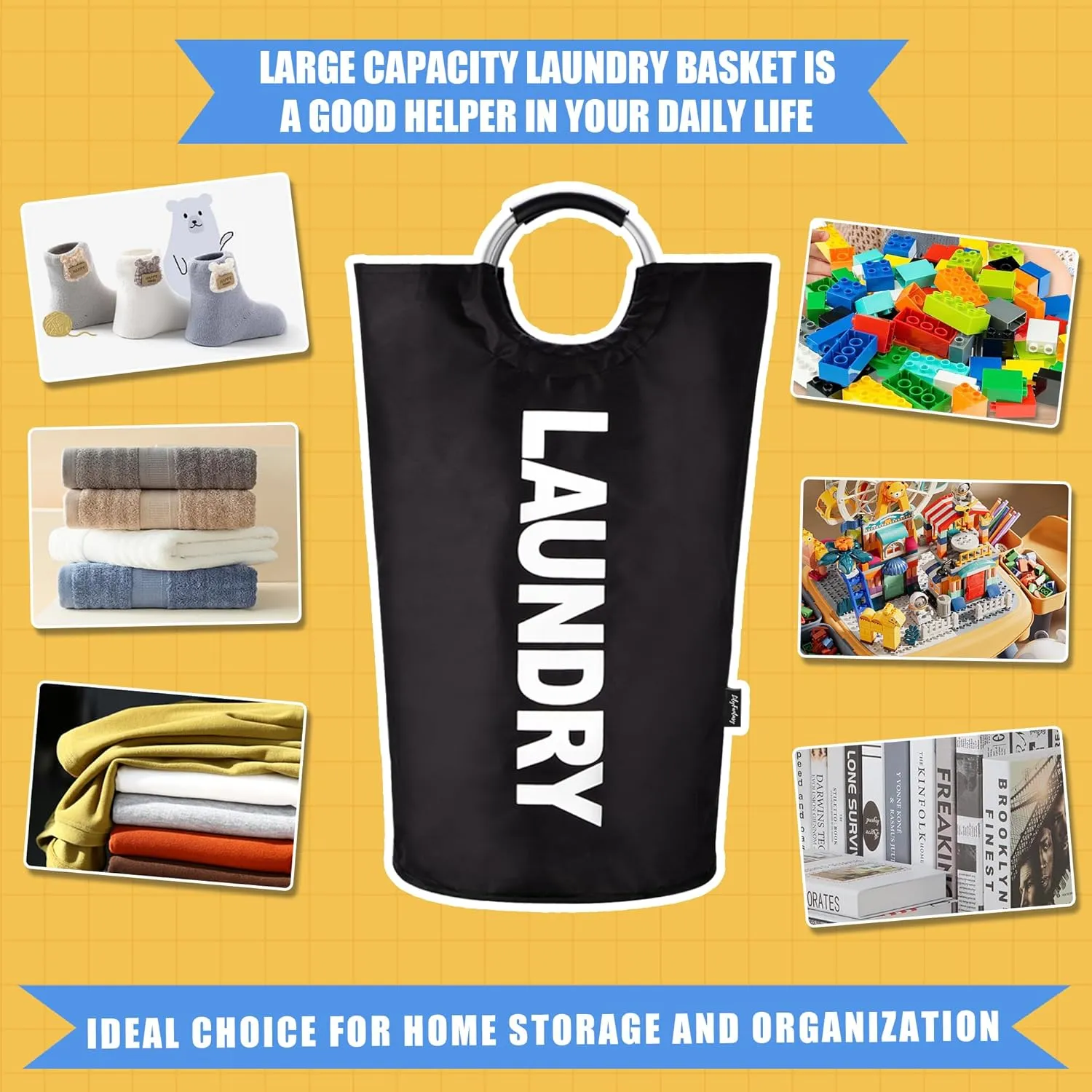 100L Laundry Basket, Collapsible Laundry Hamper with Padded Handles, Waterproof Laundry Bag, Tall Clothes Hamper Stand Up Well, Foldable Laundry Baskets for Easy Storage(Printed Black)