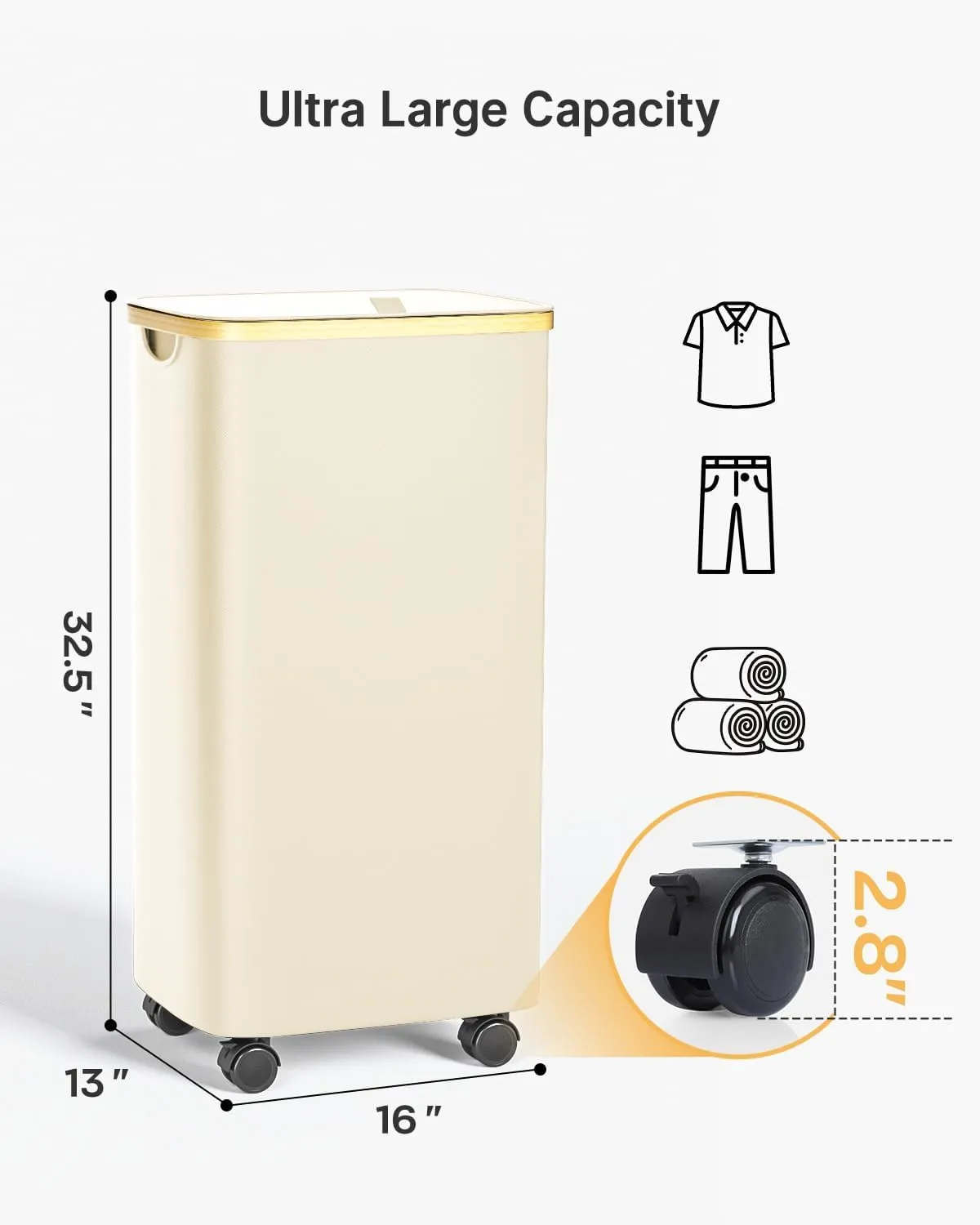100L Laundry Hamper with Wheels, Rolling Laundry Basket with Lid and 2-Inch Silent Wheels, Collapsible Tall Clothes Hamper with Bamboo Handles for Clothes Toys in Dorm Bedroom Bathroom, Beige