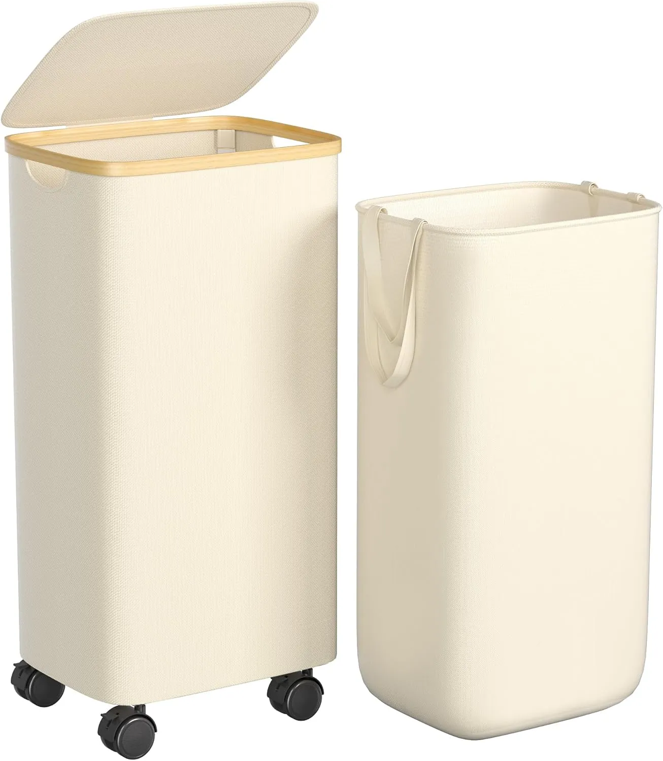 100L Laundry Hamper with Wheels, Rolling Laundry Basket with Lid and 2-Inch Silent Wheels, Collapsible Tall Clothes Hamper with Bamboo Handles for Clothes Toys in Dorm Bedroom Bathroom, Beige