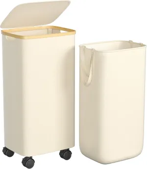 100L Laundry Hamper with Wheels, Rolling Laundry Basket with Lid and 2-Inch Silent Wheels, Collapsible Tall Clothes Hamper with Bamboo Handles for Clothes Toys in Dorm Bedroom Bathroom, Beige
