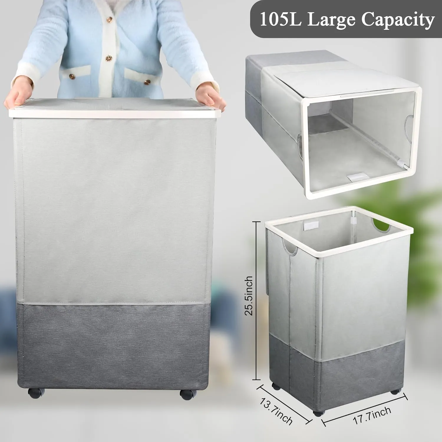 [105L] Large Capacity Laundry Basket, Laundry Hamper with Wheels and Lid - Tall Rolling Laundry Hamper, Foldable Clothes Hamper with Removable Bags, Durable Laundry Bin on Wheels for Home, Dorm.
