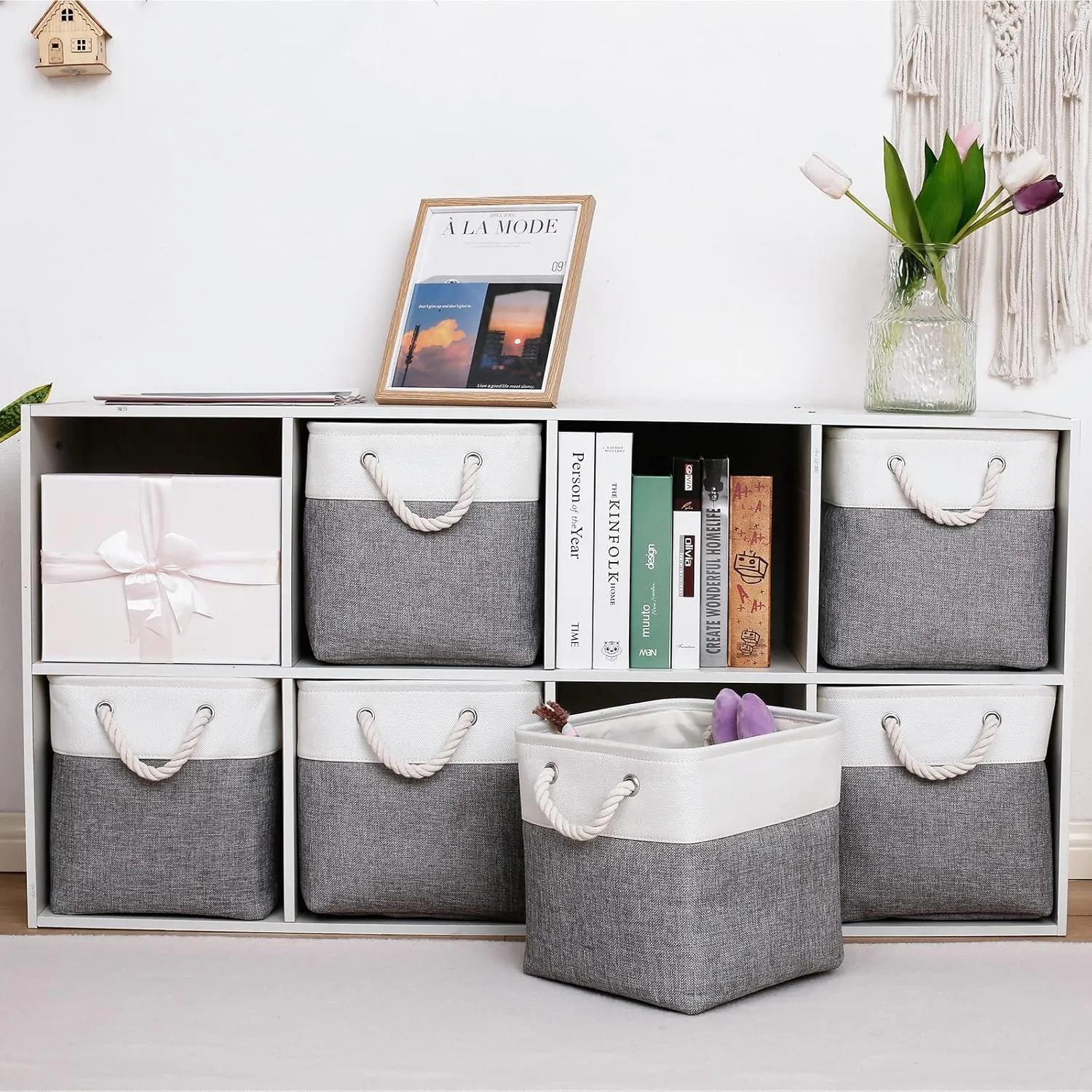 11 x 11 Inch Cube Storage Bins, 6 Pack Large Collapsible Fabric Storage Bin with Ropes, Foldable Storage Cubes for Home, Office,Closet, Clothes, Toys Organizer (White & Grey-11"x11"x11")