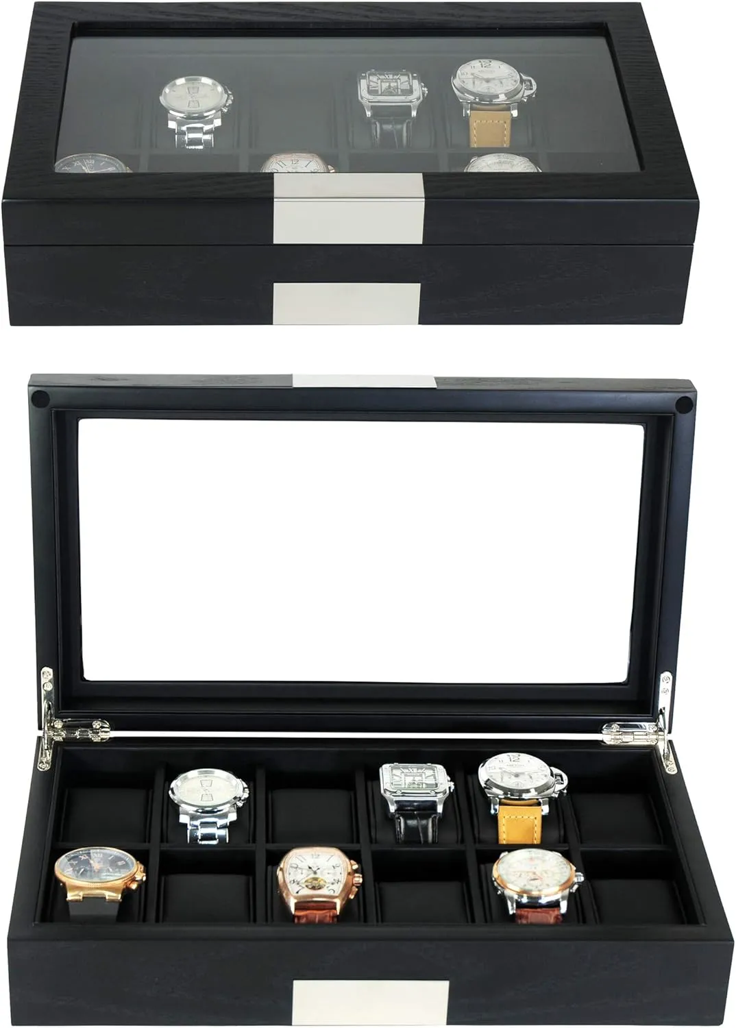12 Ebony Wood Watch Box Display Case Storage Jewelry Organizer with Glass Top, Stainless Steel Accents, and Oversized Black Pillows