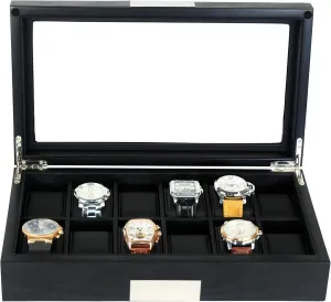 12 Ebony Wood Watch Box Display Case Storage Jewelry Organizer with Glass Top, Stainless Steel Accents, and Oversized Black Pillows