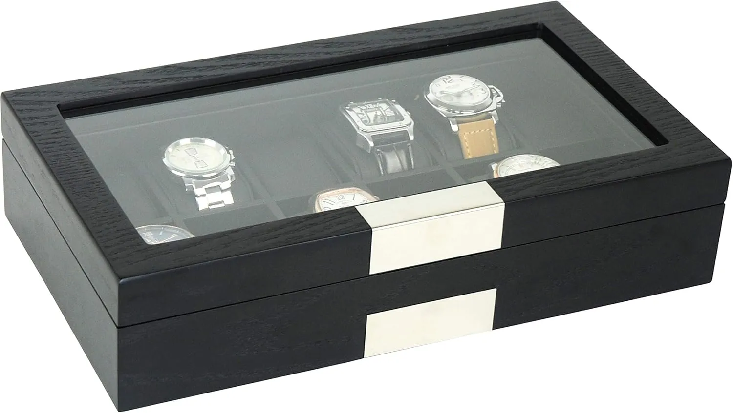 12 Ebony Wood Watch Box Display Case Storage Jewelry Organizer with Glass Top, Stainless Steel Accents, and Oversized Black Pillows