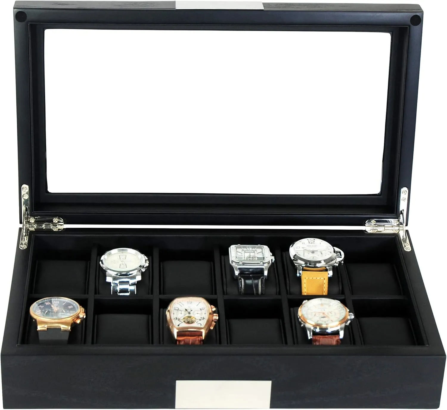 12 Ebony Wood Watch Box Display Case Storage Jewelry Organizer with Glass Top, Stainless Steel Accents, and Oversized Black Pillows
