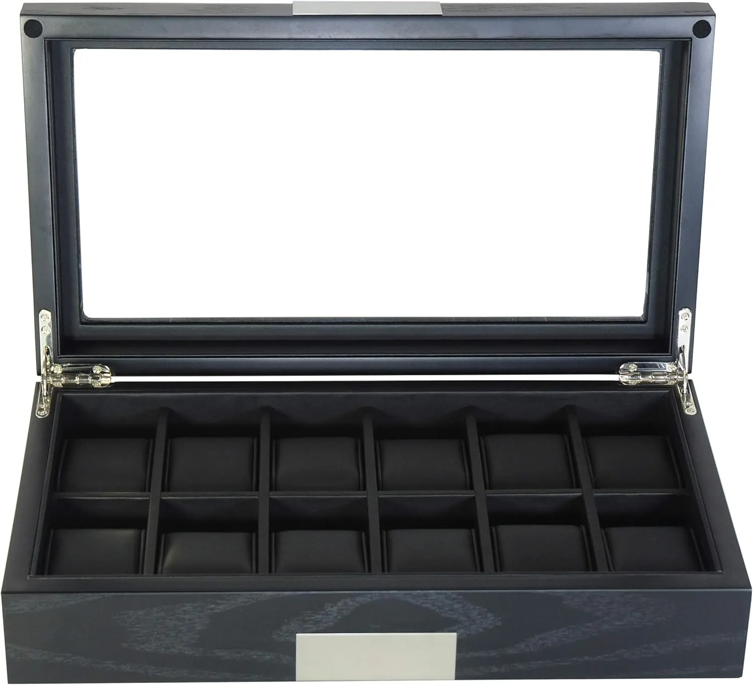 12 Ebony Wood Watch Box Display Case Storage Jewelry Organizer with Glass Top, Stainless Steel Accents, and Oversized Black Pillows