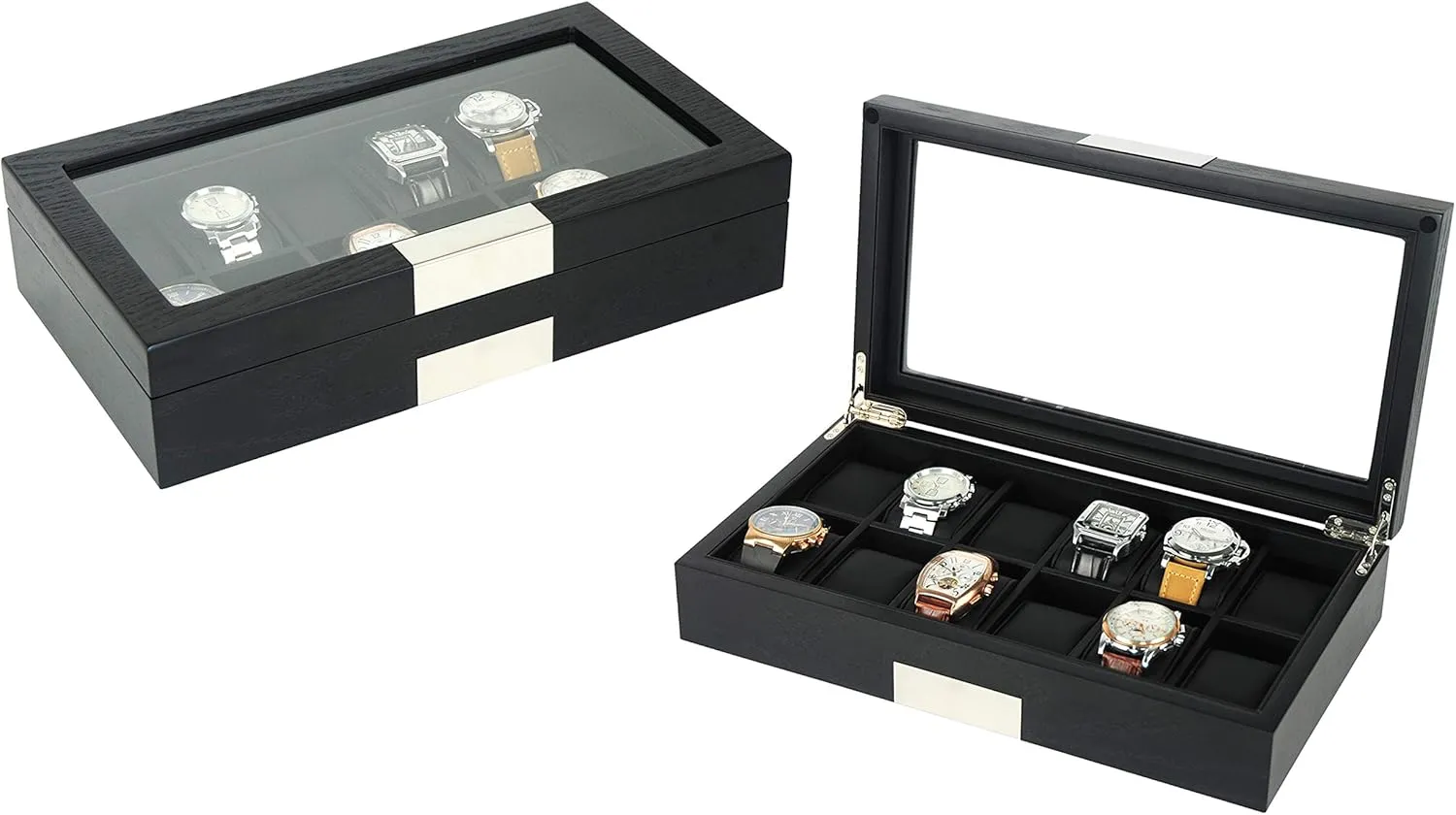 12 Ebony Wood Watch Box Display Case Storage Jewelry Organizer with Glass Top, Stainless Steel Accents, and Oversized Black Pillows