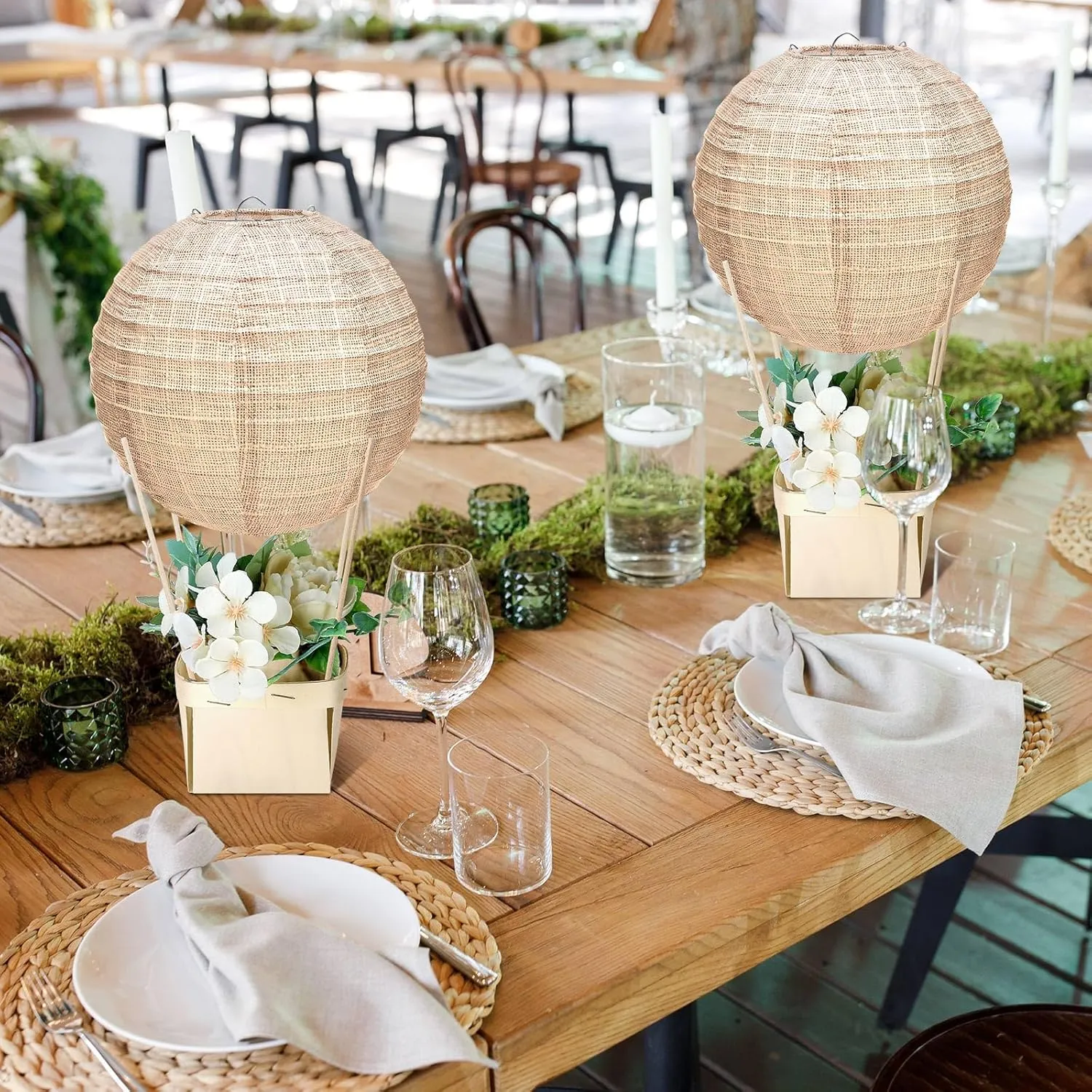12 Sets Print Burlap Baby Shower Decorations Hot Air Balloon Table Centerpieces DIY Boho Paper Lanterns Farmhouse Rustic Neutral Chinese for Wedding Birthday Party Classroom Decor