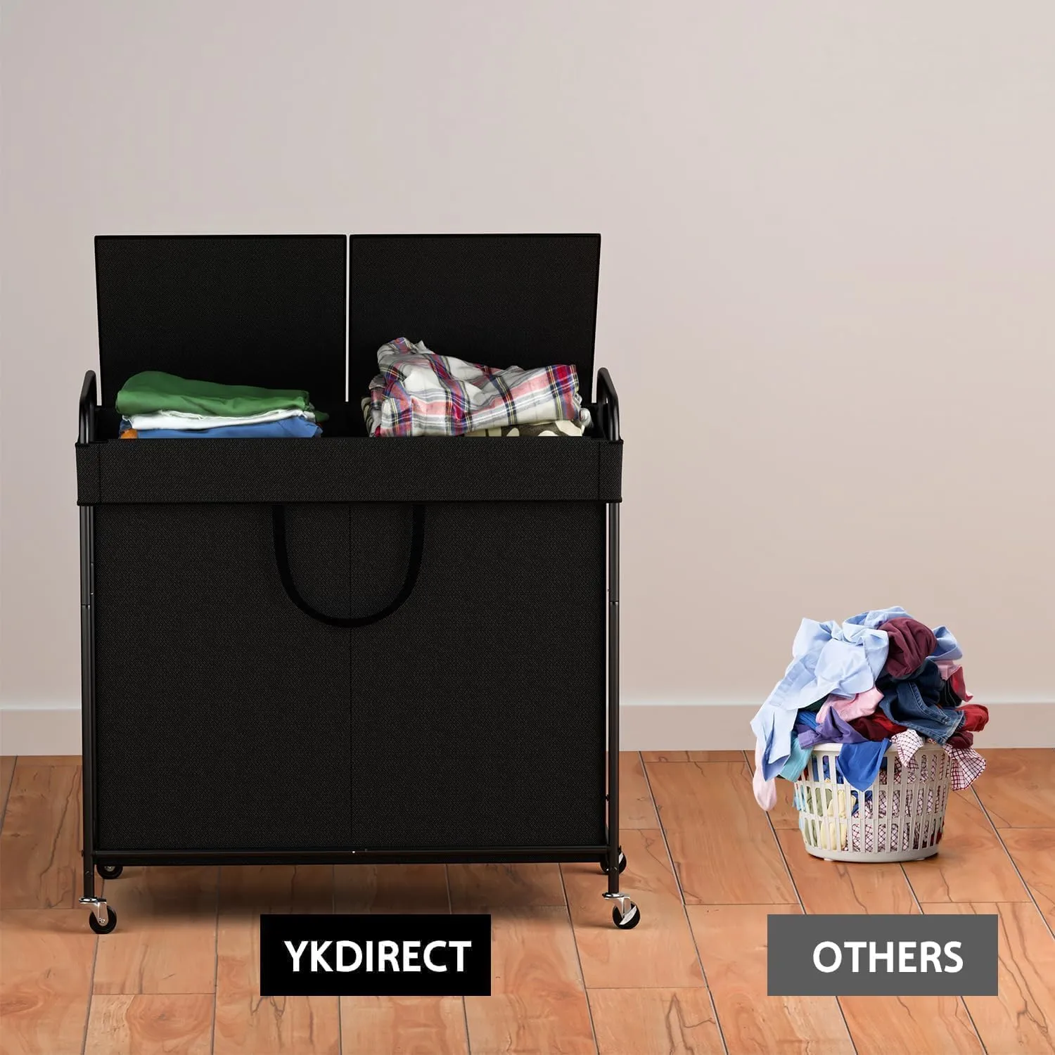 120L Large Laundry Hamper, 2 Compartment Laundry Basket with Lid, Removable Bag & Metal Structure with Industrial Wheels, Suitable for Bathroom, Dorm Room, Laundry Room (Black, 120L)