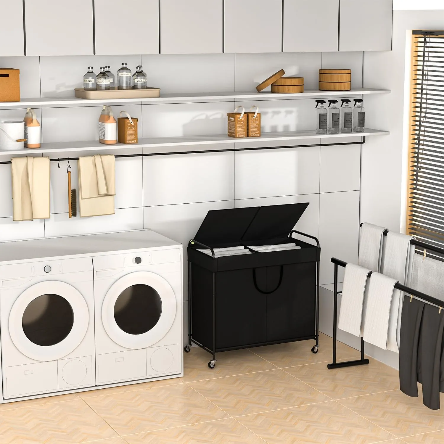 120L Large Laundry Hamper, 2 Compartment Laundry Basket with Lid, Removable Bag & Metal Structure with Industrial Wheels, Suitable for Bathroom, Dorm Room, Laundry Room (Black, 120L)