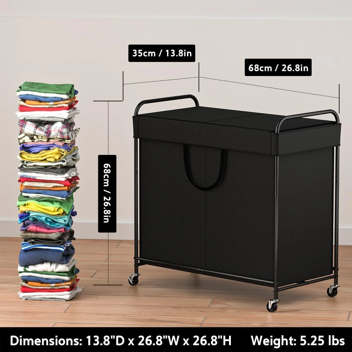 120L Large Laundry Hamper, 2 Compartment Laundry Basket with Lid, Removable Bag & Metal Structure with Industrial Wheels, Suitable for Bathroom, Dorm Room, Laundry Room (Black, 120L)