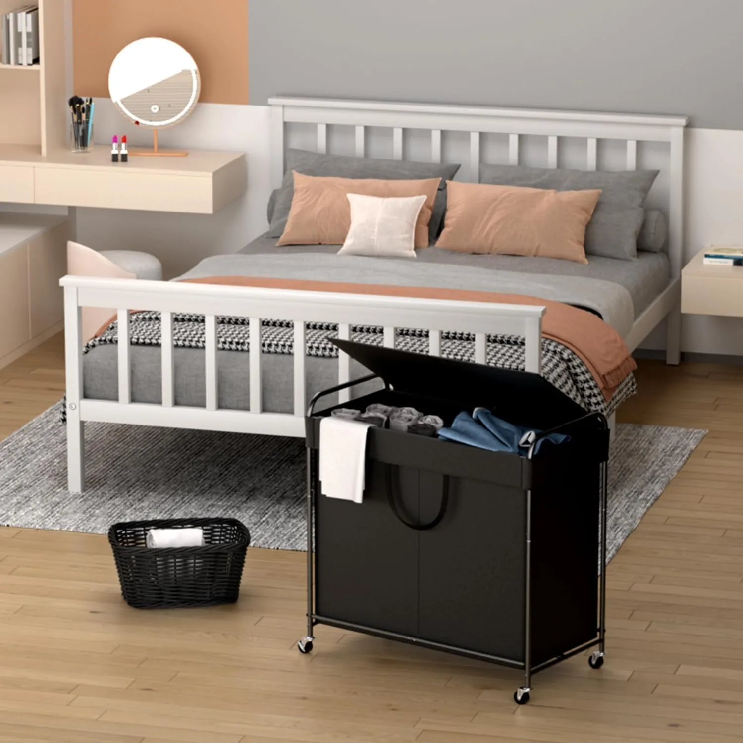 120L Large Laundry Hamper, 2 Compartment Laundry Basket with Lid, Removable Bag & Metal Structure with Industrial Wheels, Suitable for Bathroom, Dorm Room, Laundry Room (Black, 120L)