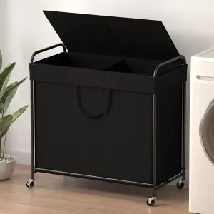 120L Large Laundry Hamper, 2 Compartment Laundry Basket with Lid, Removable Bag & Metal Structure with Industrial Wheels, Suitable for Bathroom, Dorm Room, Laundry Room (Black, 120L)