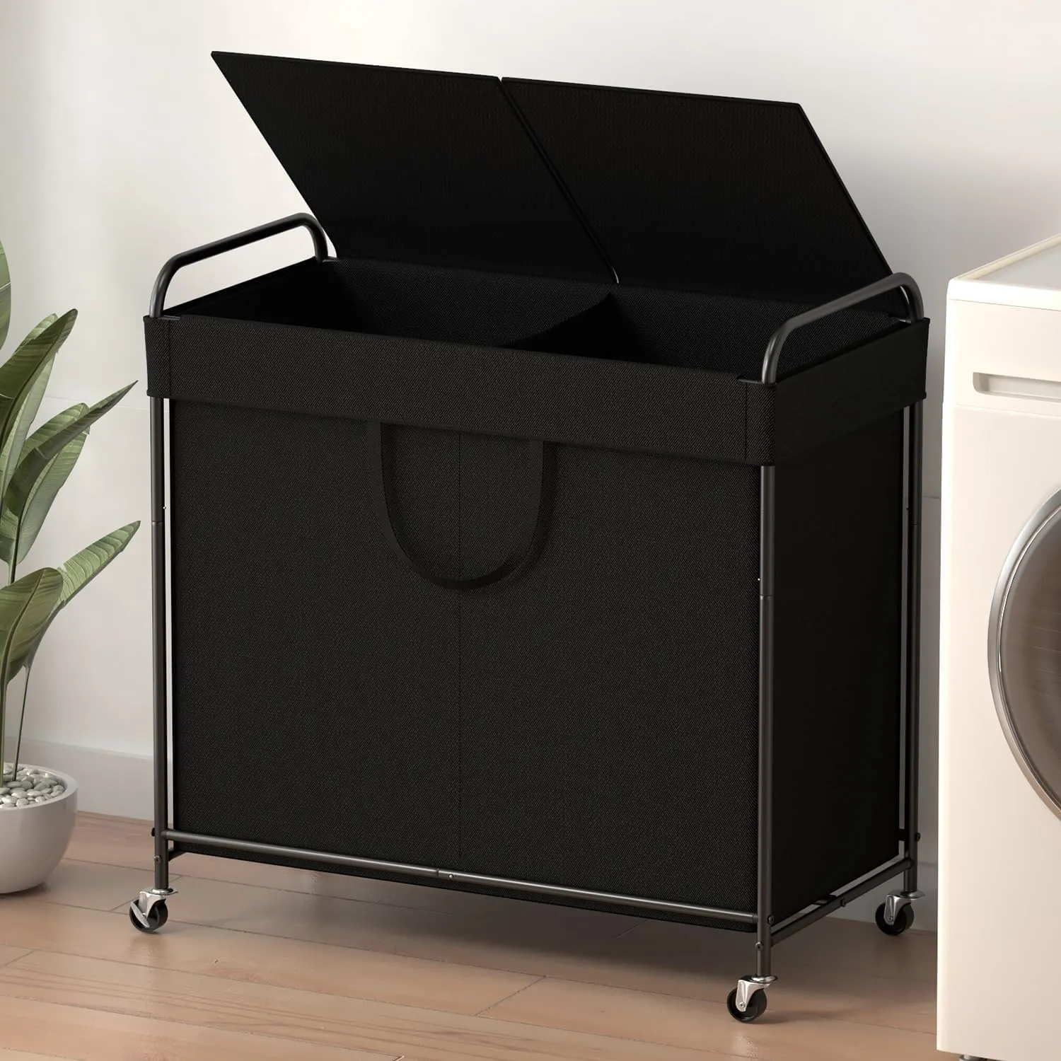 120L Large Laundry Hamper, 2 Compartment Laundry Basket with Lid, Removable Bag & Metal Structure with Industrial Wheels, Suitable for Bathroom, Dorm Room, Laundry Room (Black, 120L)
