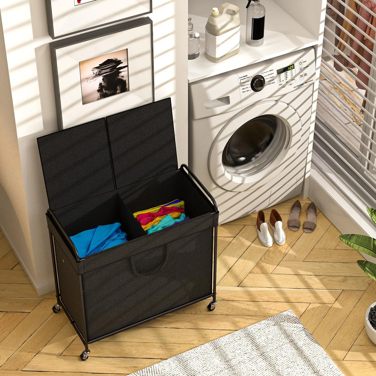 120L Large Laundry Hamper, 2 Compartment Laundry Basket with Lid, Removable Bag & Metal Structure with Industrial Wheels, Suitable for Bathroom, Dorm Room, Laundry Room (Black, 120L)