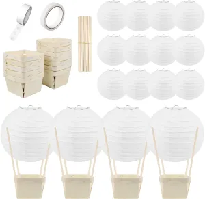 12PCS Hot Air Balloon Paper Lanterns Table Centerpieces Decoration DIY Paper Lanterns Wooden Berry Boxes with Sticks for Birthday Wedding Party Table Decor Christmas Party Decor Gift (White)