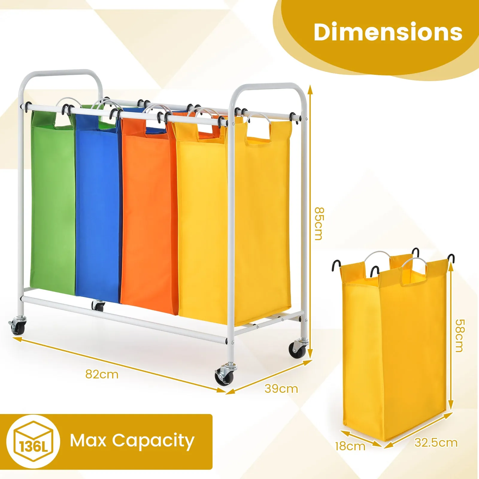 136L Large Capacity 4-Section Laundry Sorter with 4-Color Removable Laundry Baskets