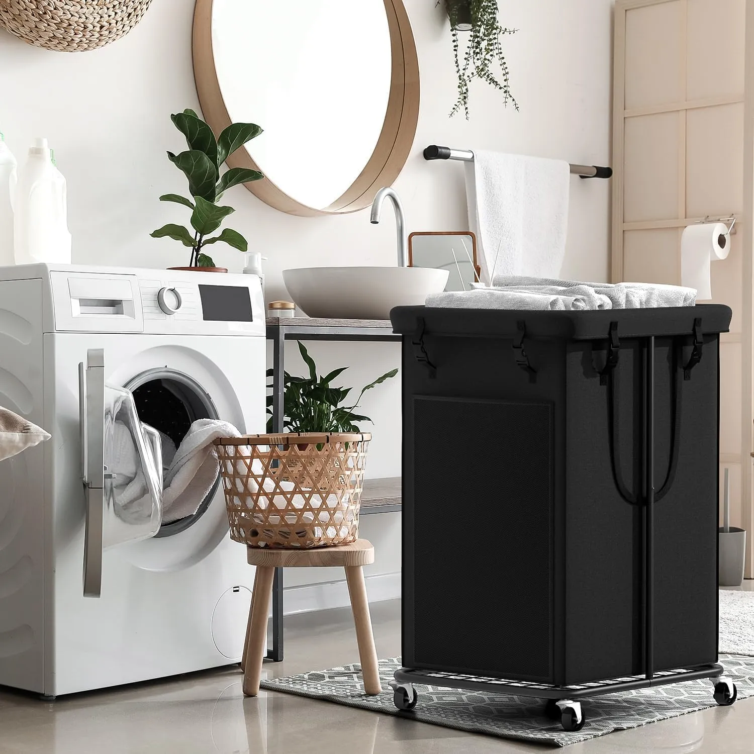 150L Large Laundry Hampers, Oxford Fabric Laundry Hampers Clothes Hampers, Metal Frame and Removable Bag Design with Wheels, Suitable for Bedroom, Bathroom, Dorm Room, Laundry Room (Black)