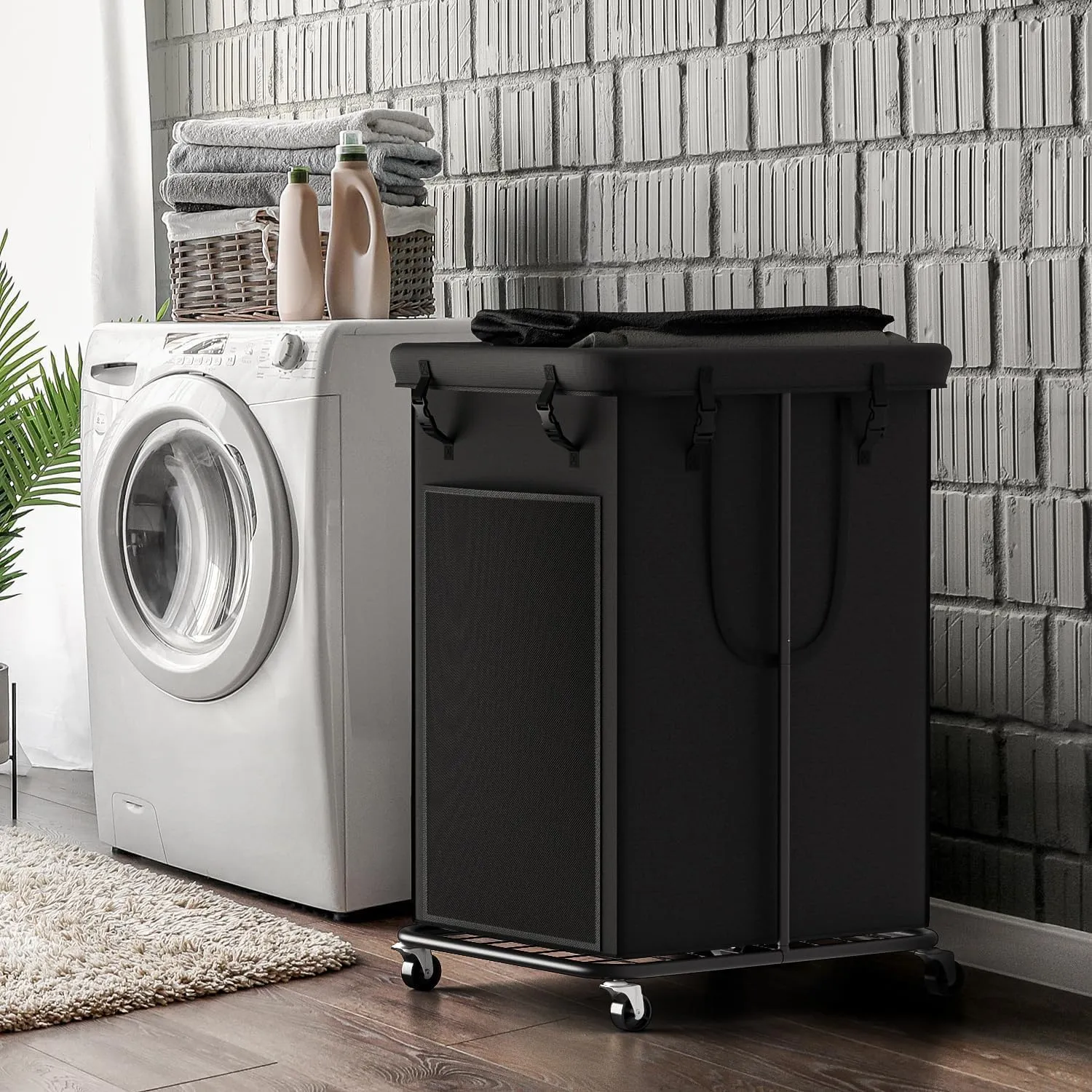 150L Large Laundry Hampers, Oxford Fabric Laundry Hampers Clothes Hampers, Metal Frame and Removable Bag Design with Wheels, Suitable for Bedroom, Bathroom, Dorm Room, Laundry Room (Black)