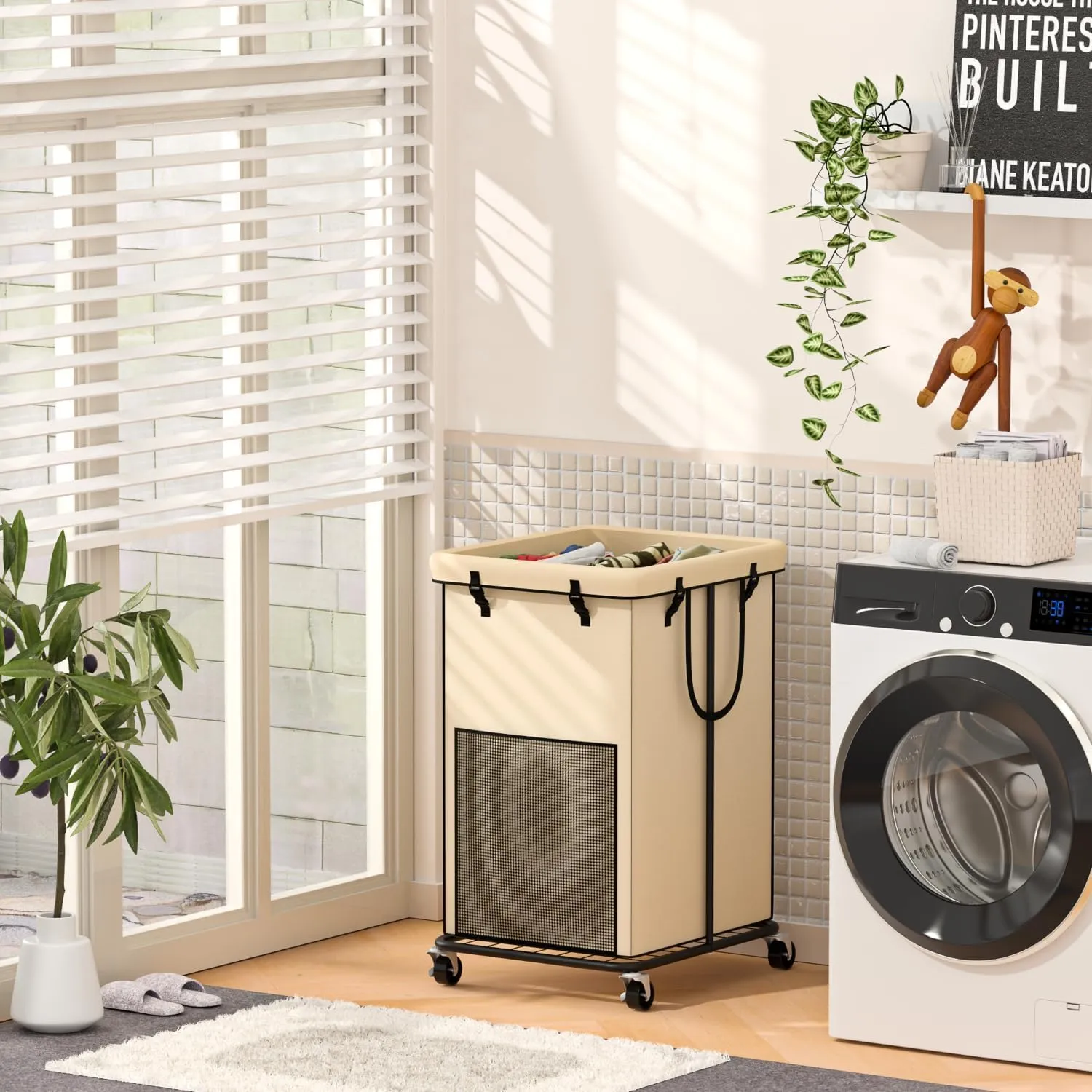 150L Large Laundry Hampers, Oxford Fabric Laundry Hampers Clothes Hampers, Metal Frame and Removable Bag Design with Wheels, Suitable for Bedroom, Bathroom, Dorm Room, Laundry Room (Cream)