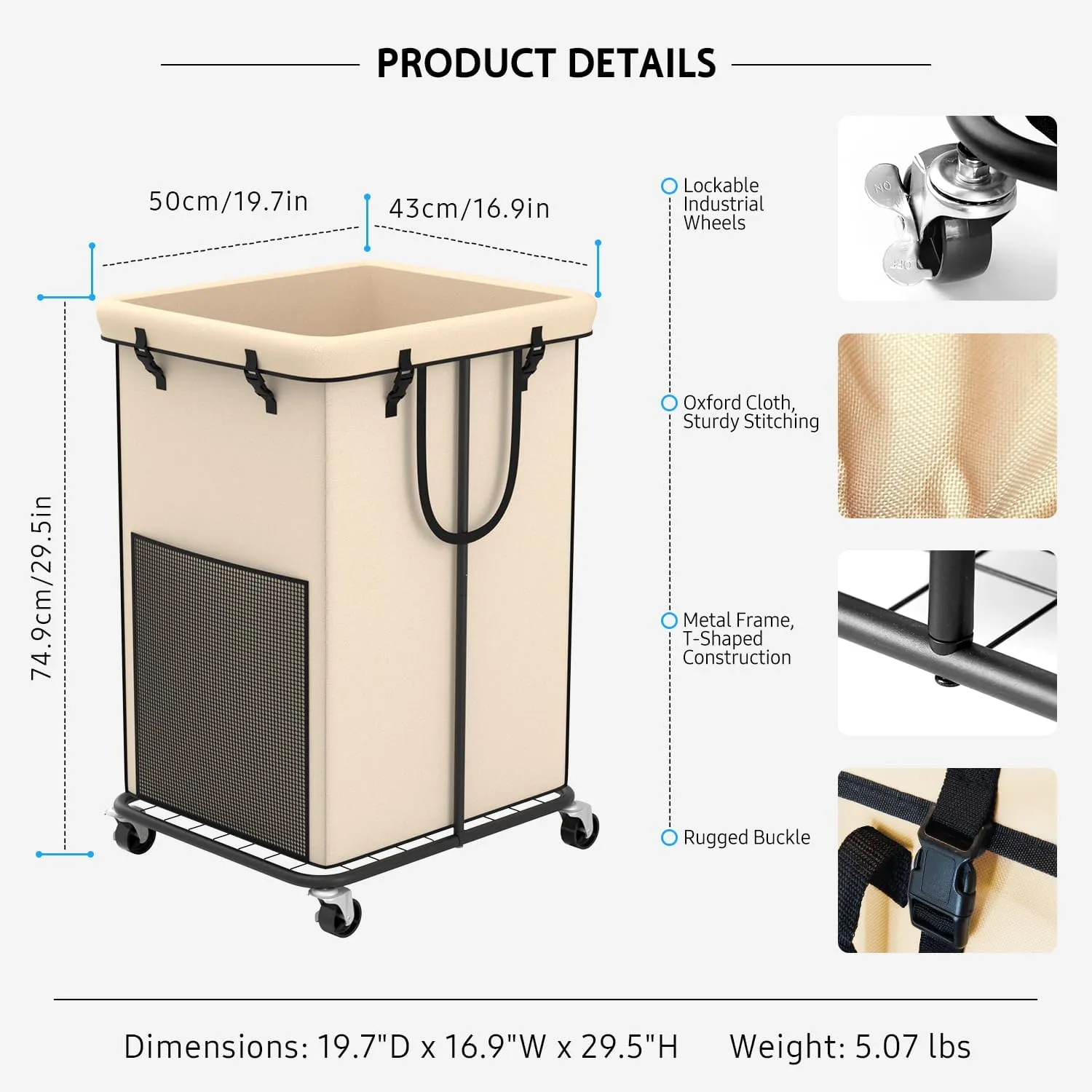 150L Large Laundry Hampers, Oxford Fabric Laundry Hampers Clothes Hampers, Metal Frame and Removable Bag Design with Wheels, Suitable for Bedroom, Bathroom, Dorm Room, Laundry Room (Cream)