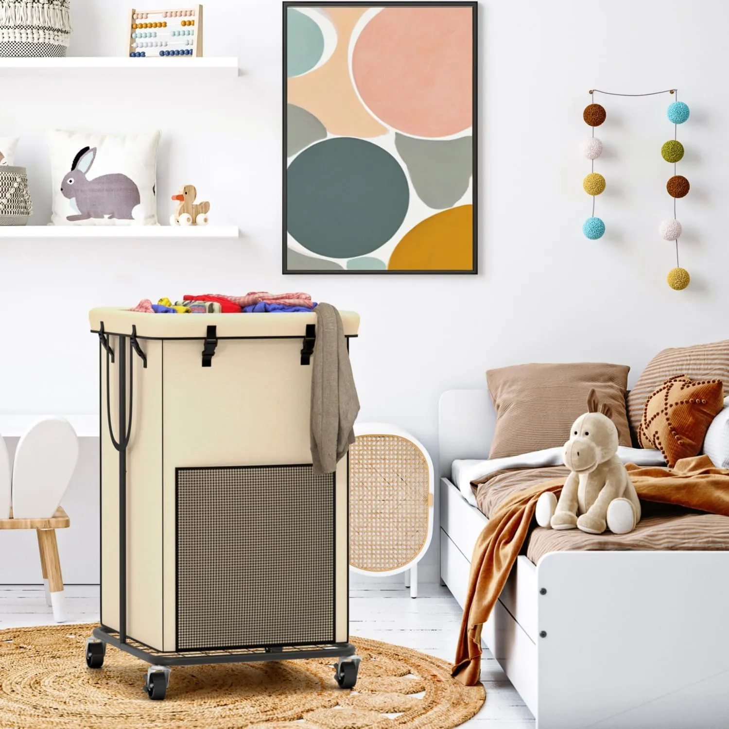 150L Large Laundry Hampers, Oxford Fabric Laundry Hampers Clothes Hampers, Metal Frame and Removable Bag Design with Wheels, Suitable for Bedroom, Bathroom, Dorm Room, Laundry Room (Cream)