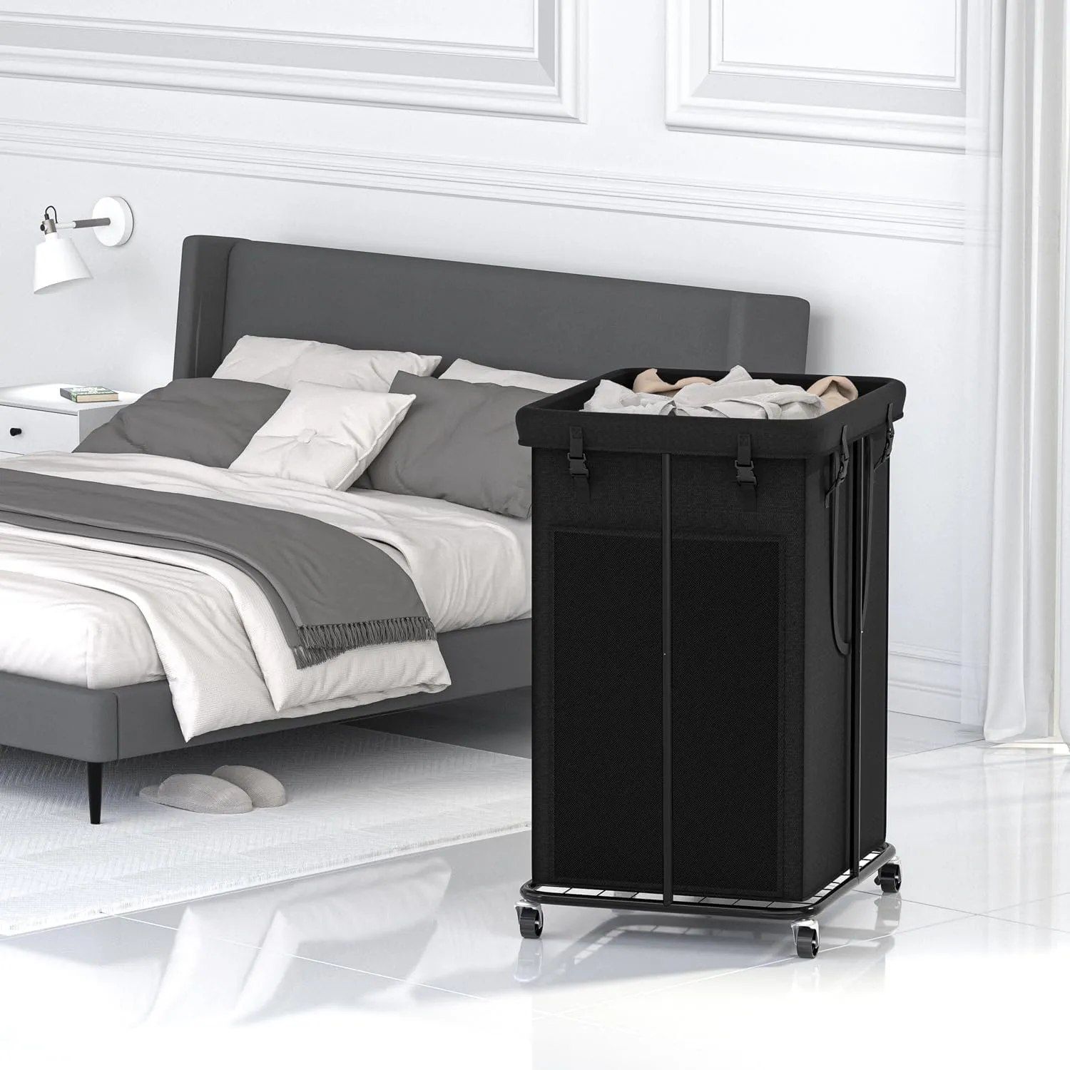 150L Laundry Basket Laundry Hamper with Wheels, Metal & Oxford Fabric Laundry Clothes Hamper, Suitable for Bedroom, Bathroom, Dorm Room, Laundry Room (Dark Black, 150L)