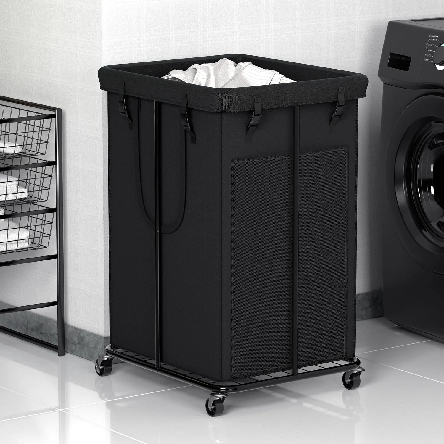 150L Laundry Basket Laundry Hamper with Wheels, Metal & Oxford Fabric Laundry Clothes Hamper, Suitable for Bedroom, Bathroom, Dorm Room, Laundry Room (Dark Black, 150L)
