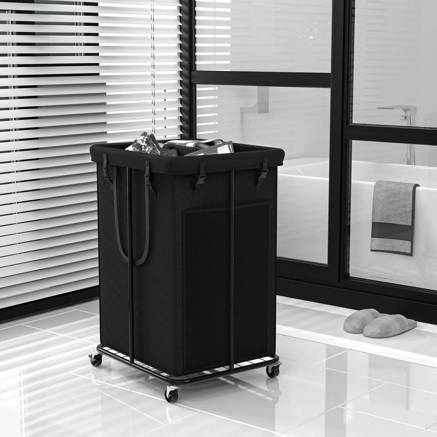 150L Laundry Basket Laundry Hamper with Wheels, Metal & Oxford Fabric Laundry Clothes Hamper, Suitable for Bedroom, Bathroom, Dorm Room, Laundry Room (Dark Black, 150L)