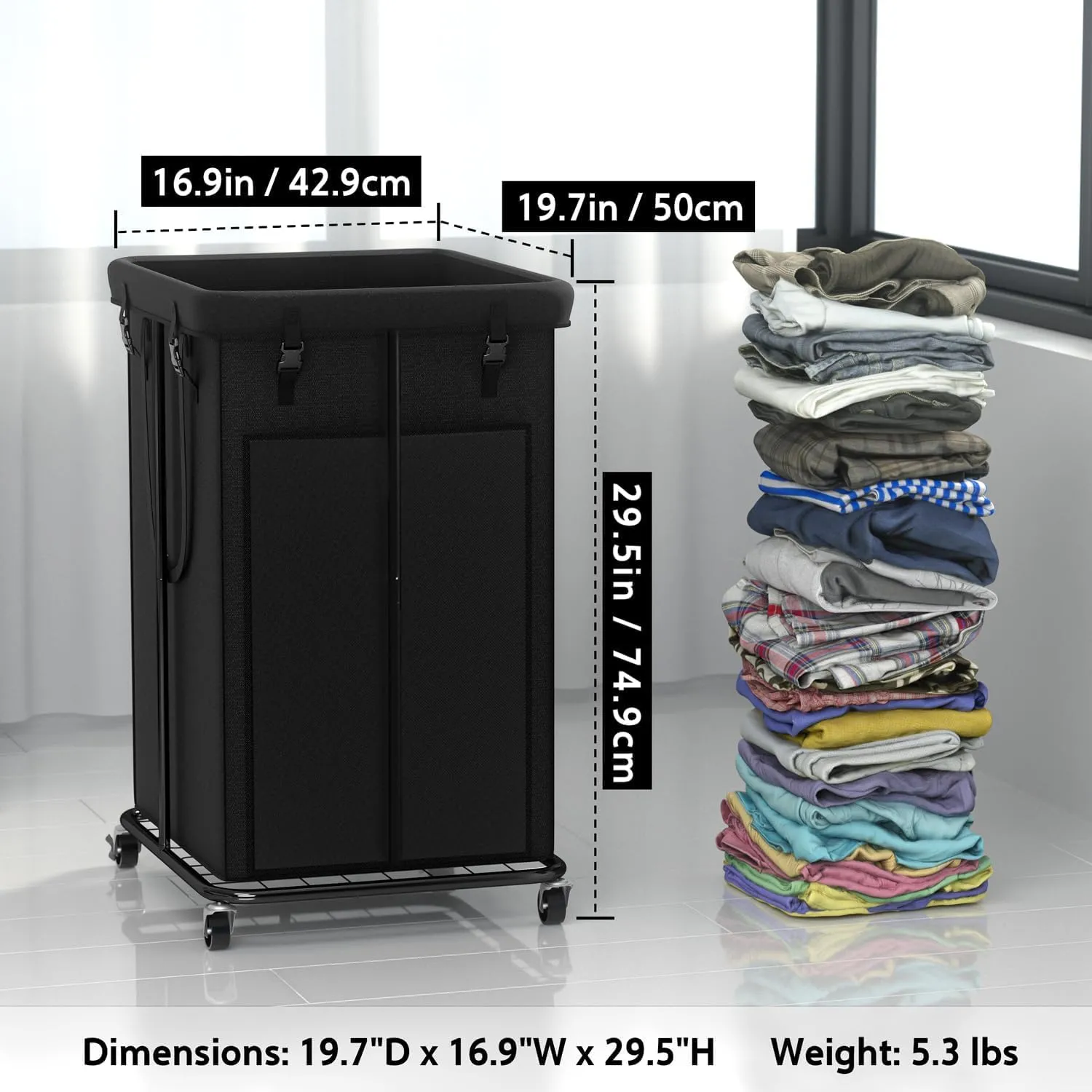 150L Laundry Basket Laundry Hamper with Wheels, Metal & Oxford Fabric Laundry Clothes Hamper, Suitable for Bedroom, Bathroom, Dorm Room, Laundry Room (Dark Black, 150L)