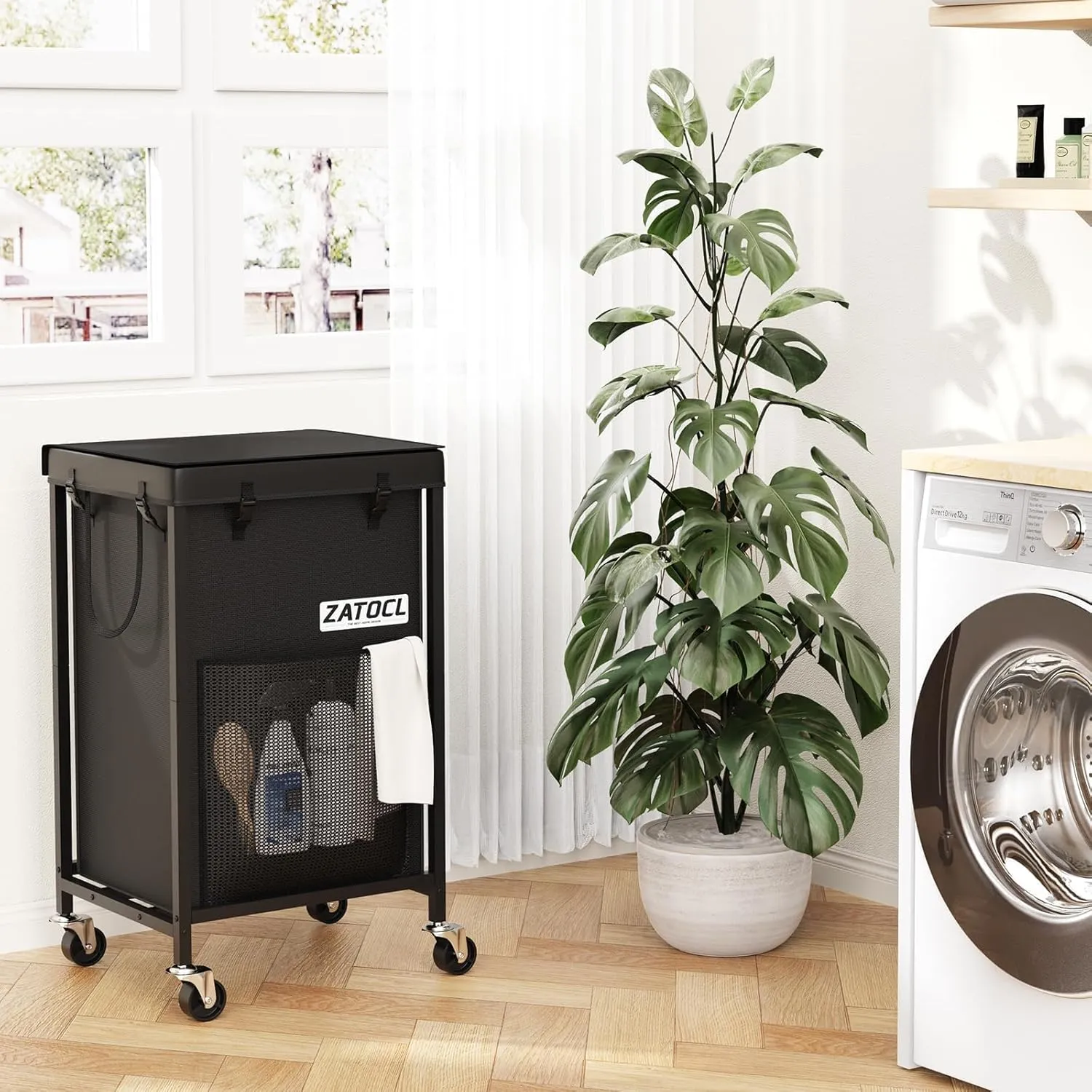 150L Laundry Hamper with Lid, Heavy Duty Laundry Basket with Wheels, Large Capacity Dirty Clothes Hamper with Thick Iron Frame & Removable Bag, Rolling Laundry Hampers for Bathroom Bedroom Aesthetic