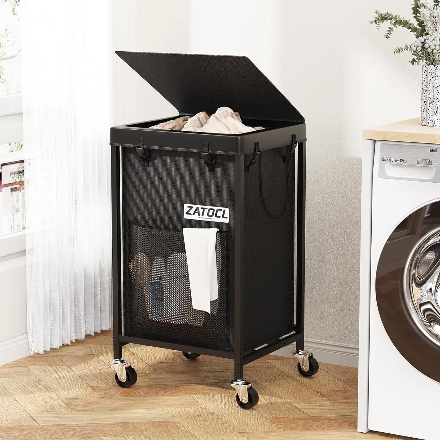 150L Laundry Hamper with Lid, Heavy Duty Laundry Basket with Wheels, Large Capacity Dirty Clothes Hamper with Thick Iron Frame & Removable Bag, Rolling Laundry Hampers for Bathroom Bedroom Aesthetic