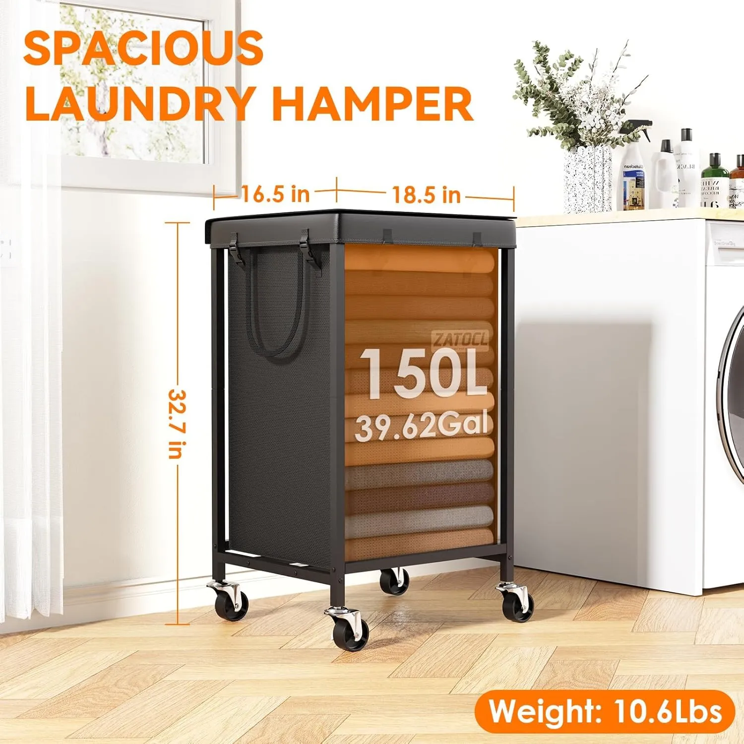 150L Laundry Hamper with Lid, Heavy Duty Laundry Basket with Wheels, Large Capacity Dirty Clothes Hamper with Thick Iron Frame & Removable Bag, Rolling Laundry Hampers for Bathroom Bedroom Aesthetic