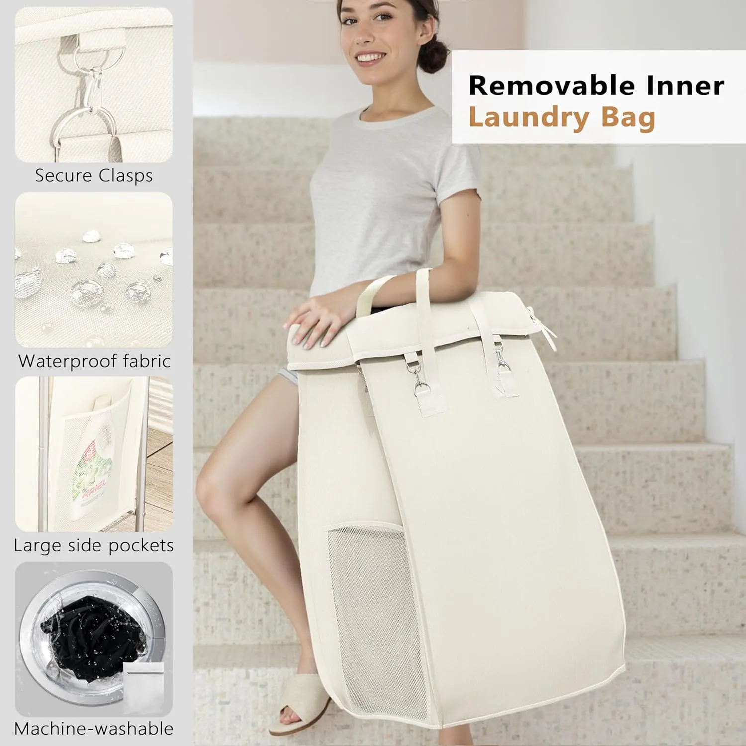 150L Laundry Hamper with Wheels, Rolling Laundry Basket 2 section with Metal Frame and Removable Bag, Dirty Clothes Hampers for Bedroom, Bathroom, Dorm, Black, Silver Beige