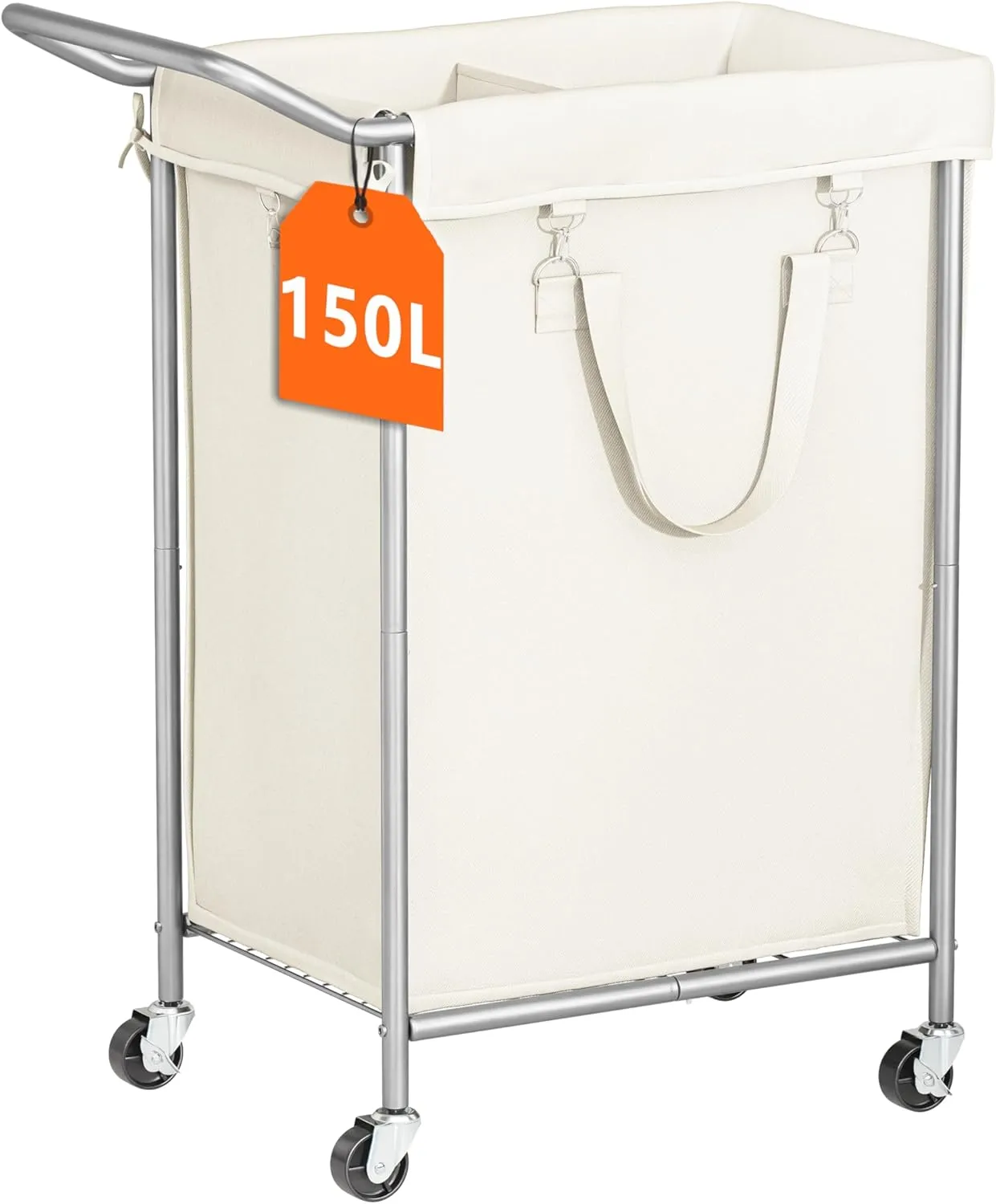 150L Laundry Hamper with Wheels, Rolling Laundry Basket 2 section with Metal Frame and Removable Bag, Dirty Clothes Hampers for Bedroom, Bathroom, Dorm, Black, Silver Beige